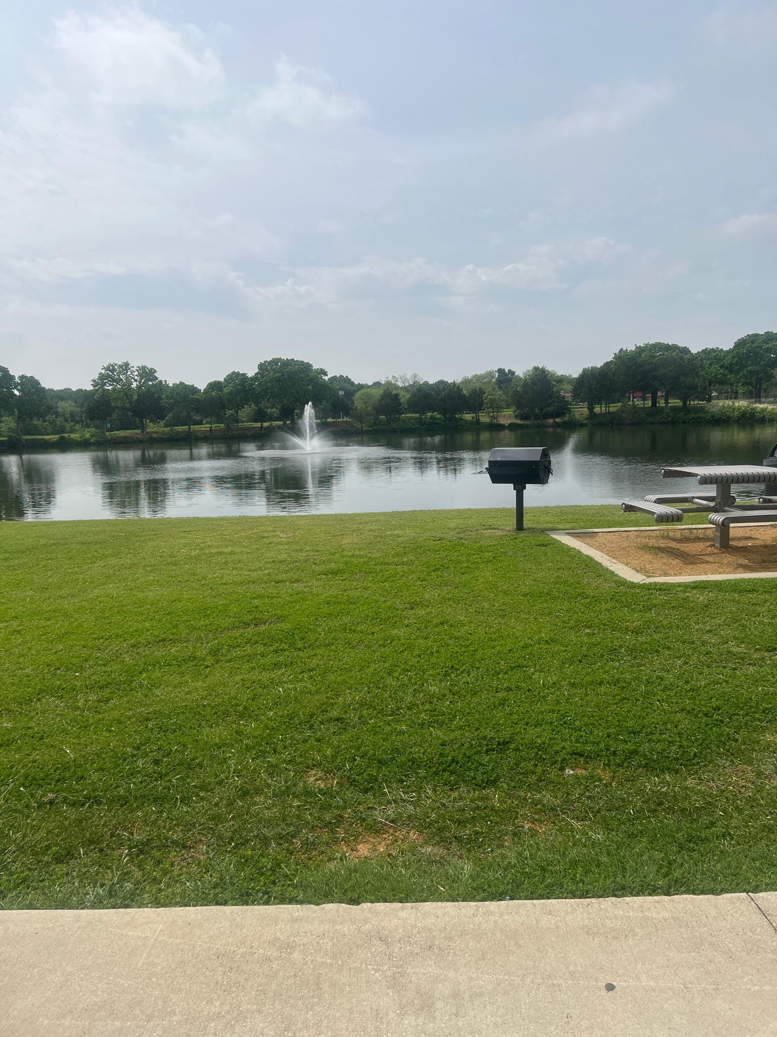 A calm lake with a fountain, green grass, and picnic area under bright skies.