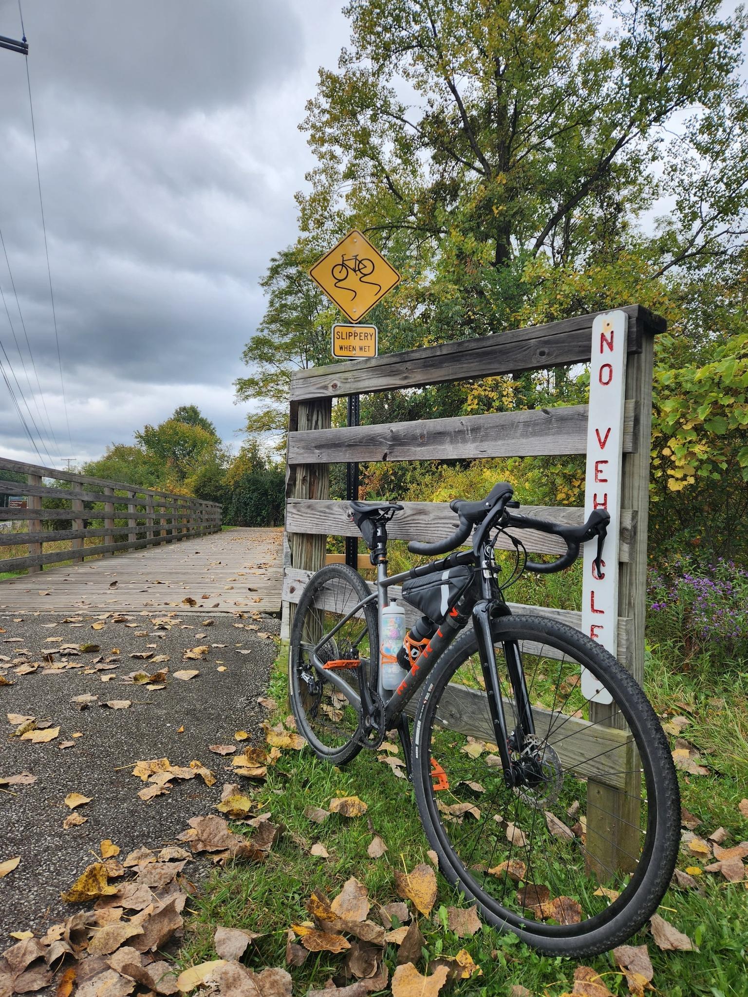 A bicycle leans against a wooden fence with autumn leaves on the ground under a cloudy sky.