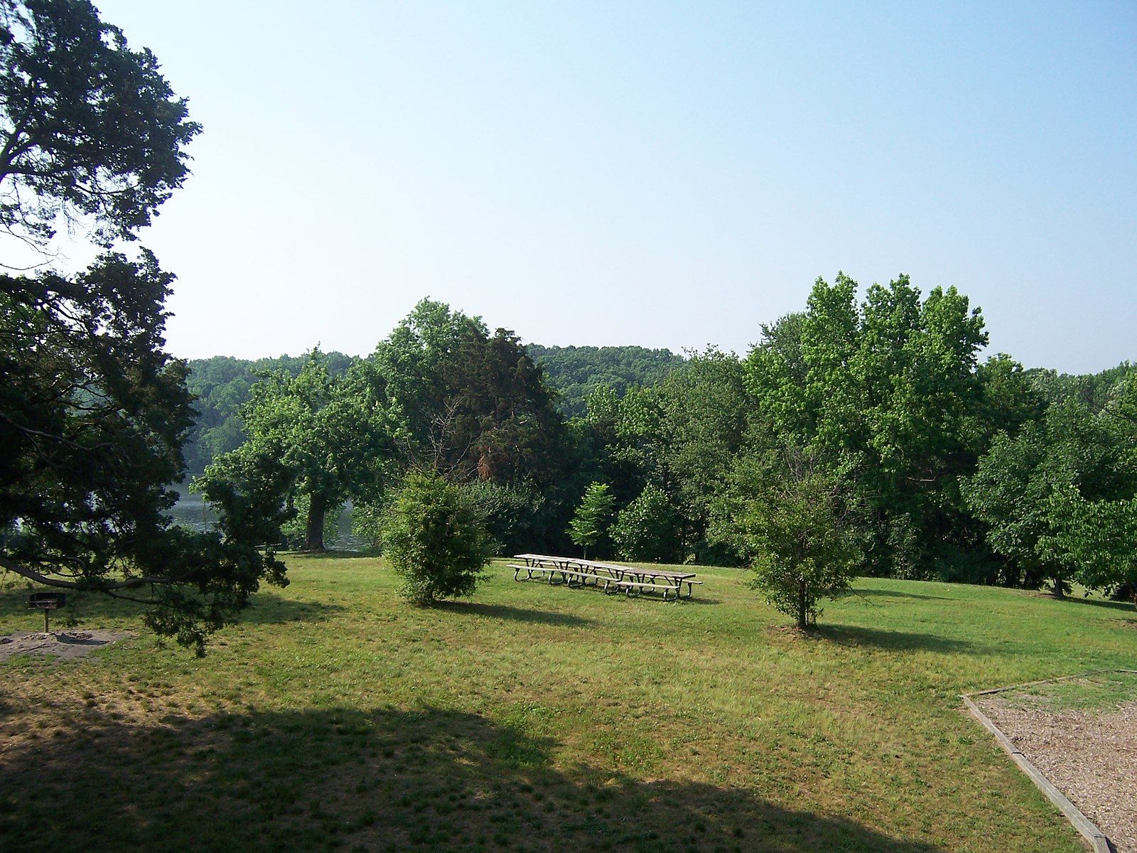 Bright day over a grassy field with picnic tables and distant trees. - Greenbelt Lake Trail loop