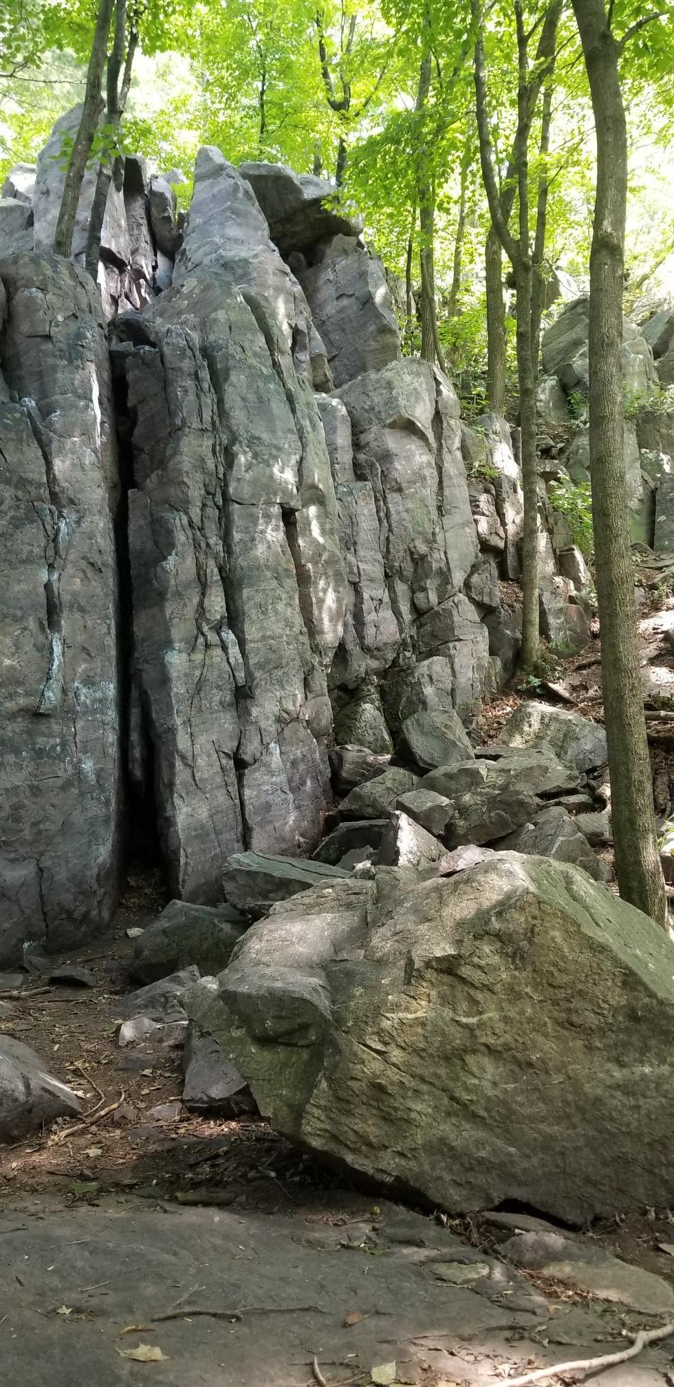 Massive grey rock formations and boulders in a sun-dappled forest.