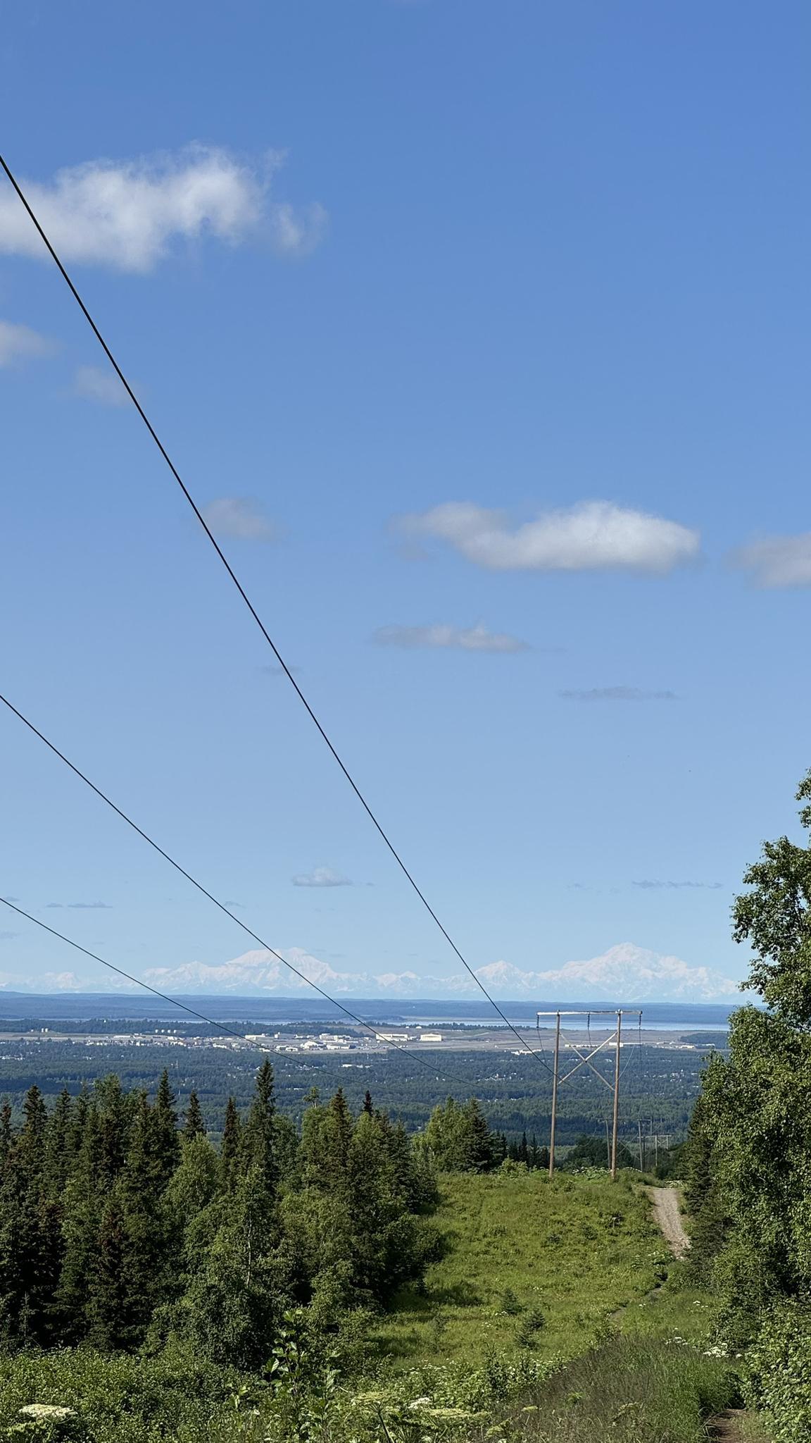 Power lines stretch over a panoramic view of a distant town and forest.