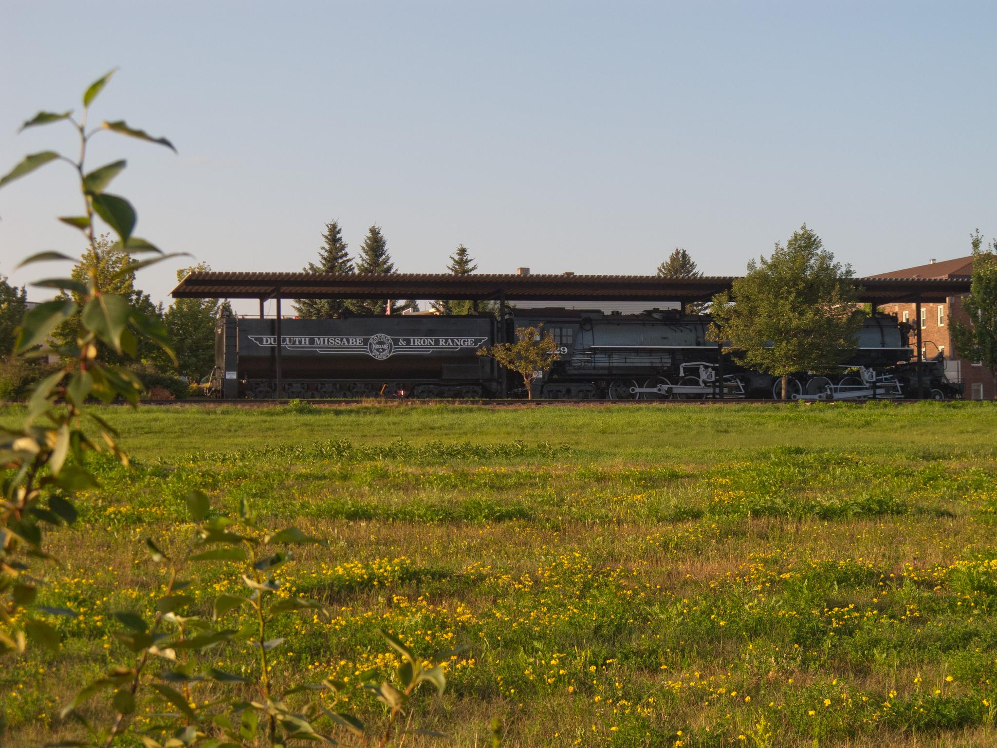 An old train sits under a shelter in a sunny, grassy field.