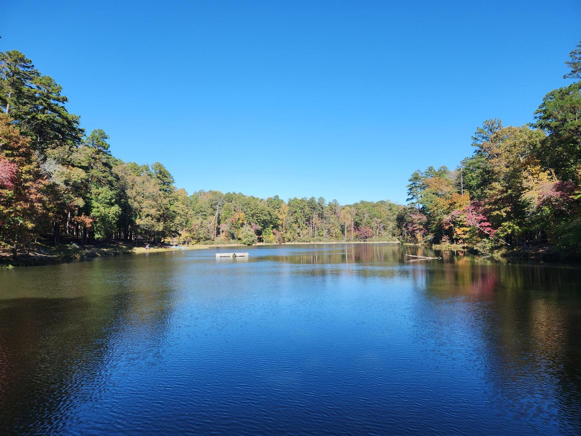Wide lake surrounded by colorful autumn trees under a clear blue sky.
