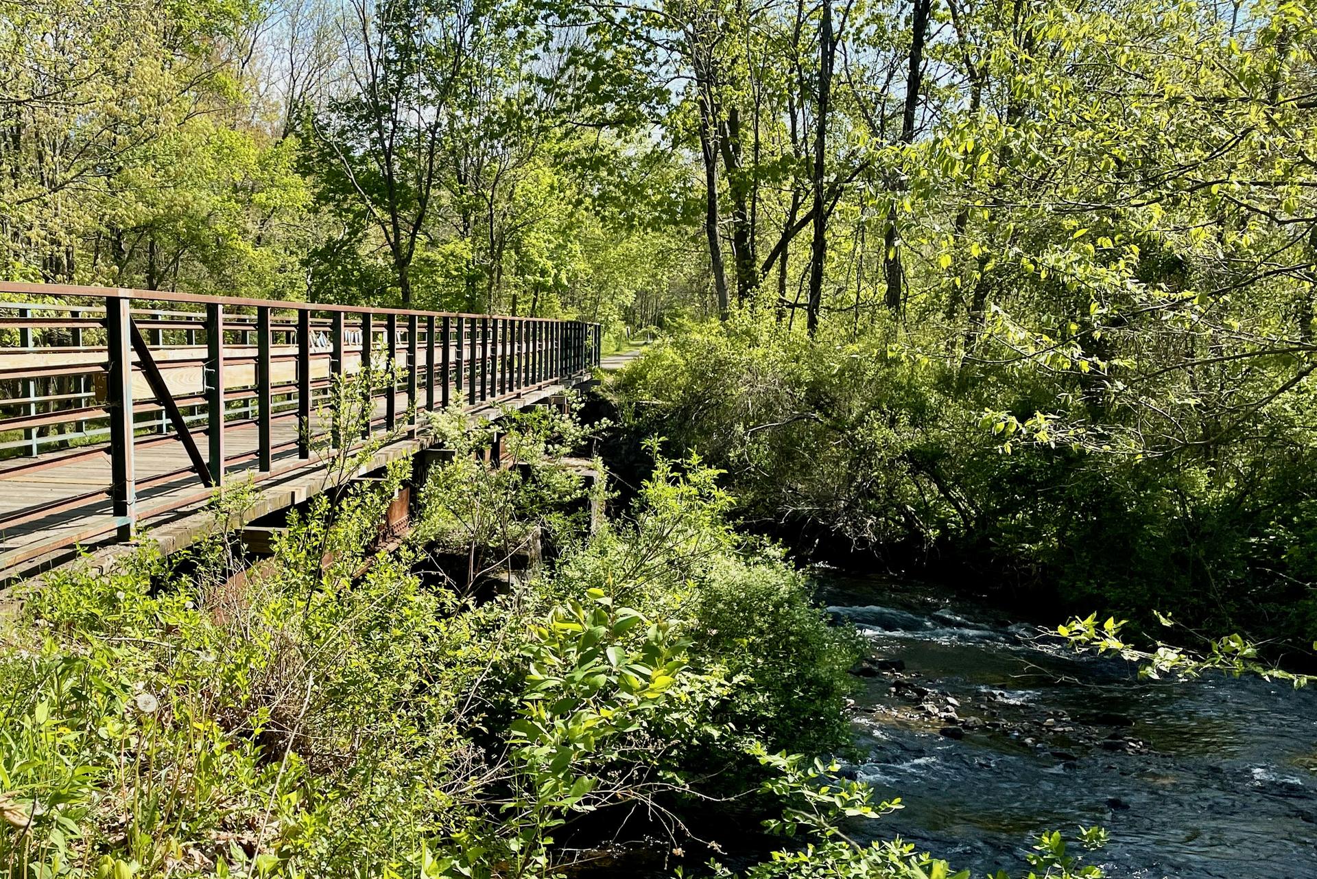 Sunny view of a wooden bridge crossing a flowing stream in a green forest.