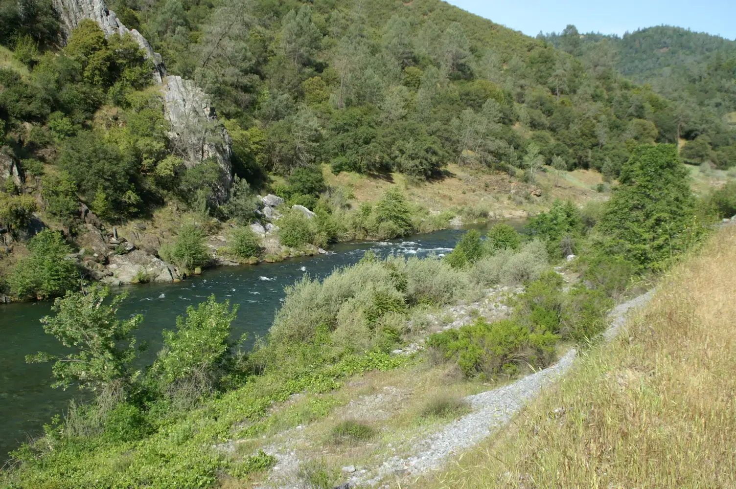 A river flows through a green, rocky canyon under bright daylight.