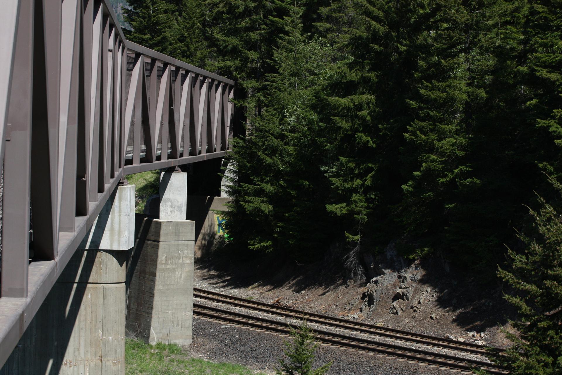 Sunny view of a modern bridge over railroad tracks next to a forest.