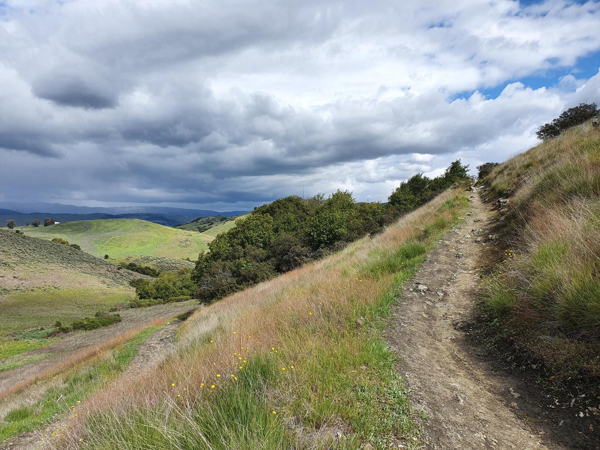 A dirt path ascends a grassy hillside under a cloudy sky.