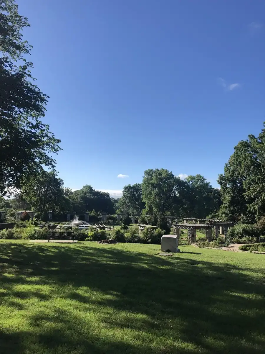 Sunny park with green lawn, distant garden, and clear blue sky.