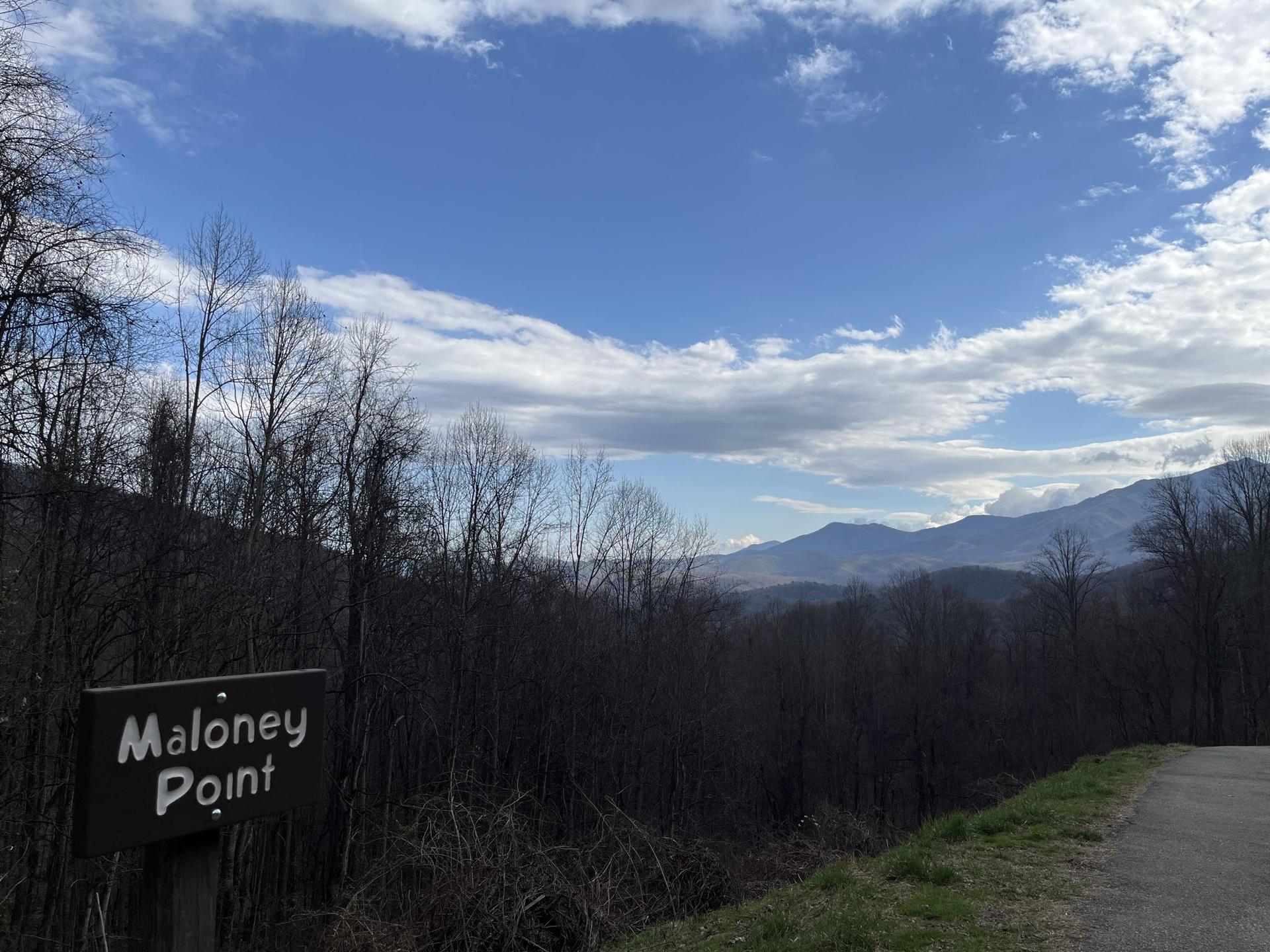Wooden sign near bare trees overlooking hazy distant mountains under clouds.