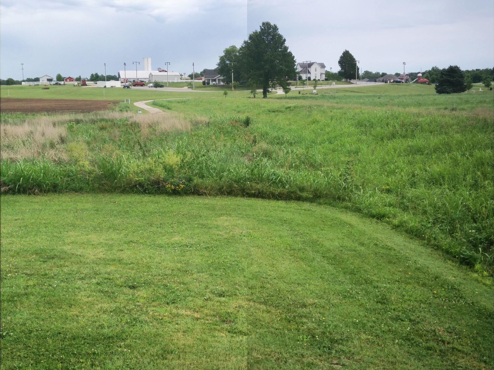 An expansive green field with distant buildings under a cloudy sky.
