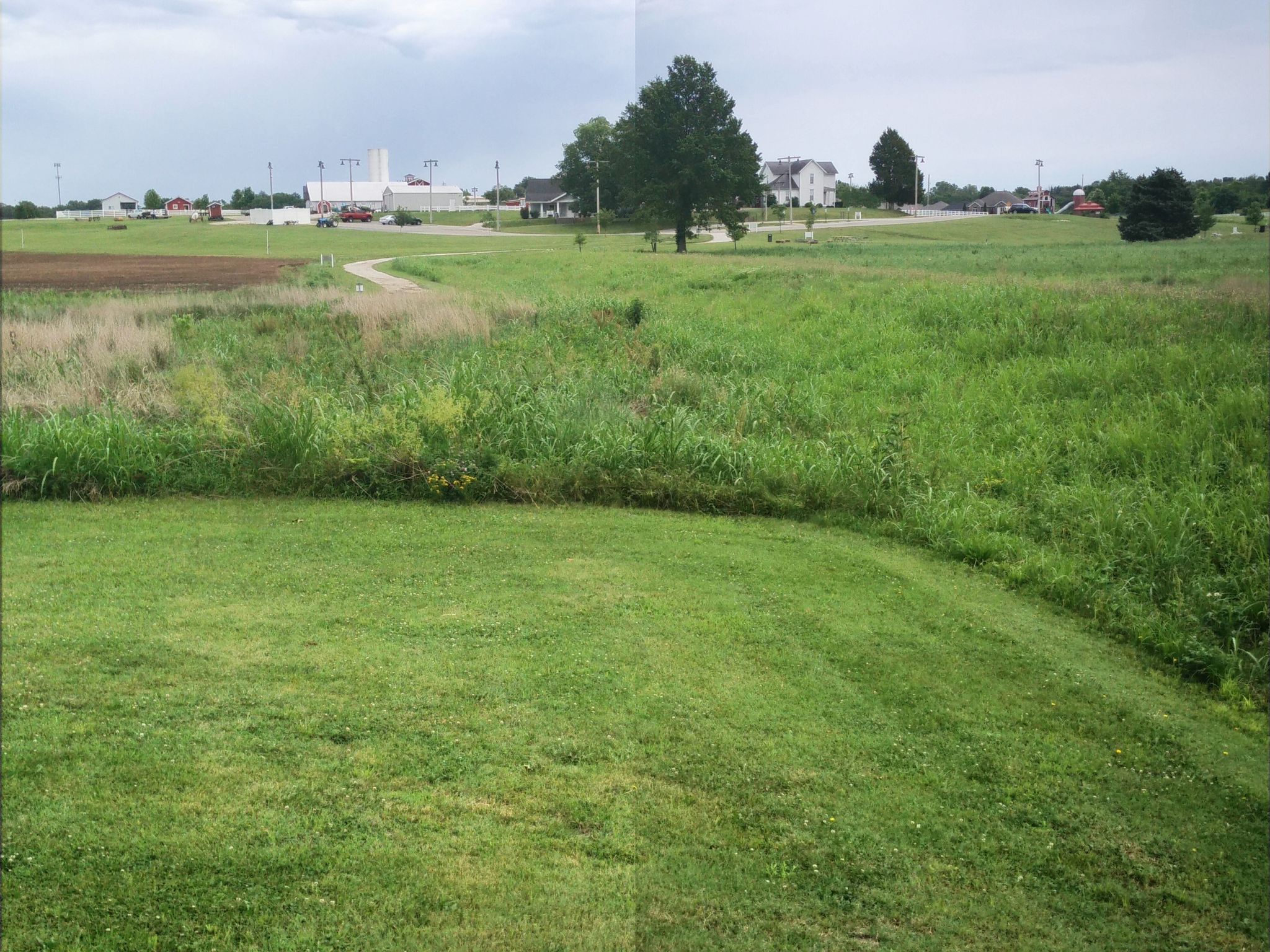 An expansive green field with distant buildings under a cloudy sky. - Rutledge-Wilson Farm Park – Tal's Trailhead loop from Trail Parking (unpaved)
