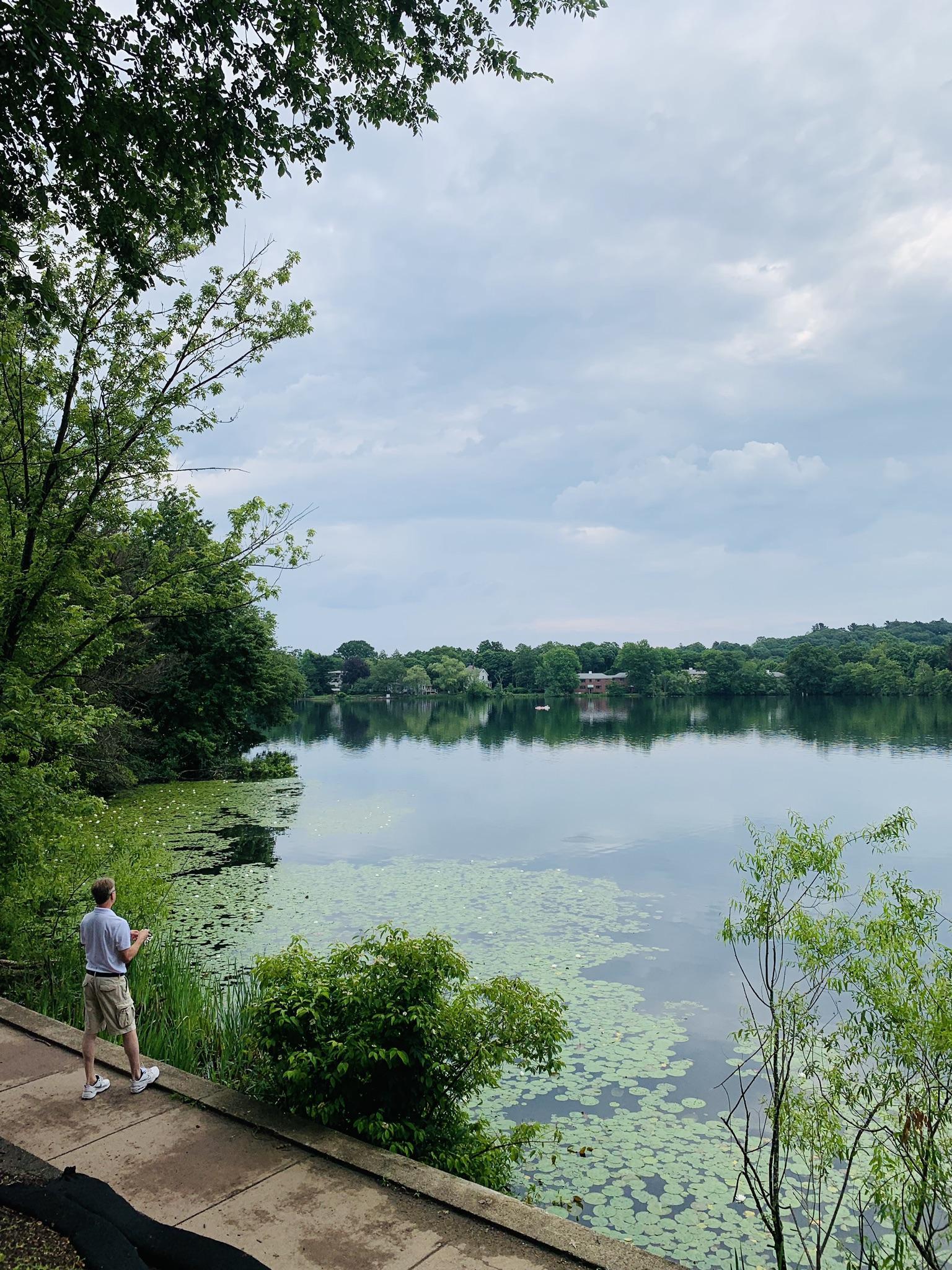 Man fishing from a paved path beside a lake with lily pads.