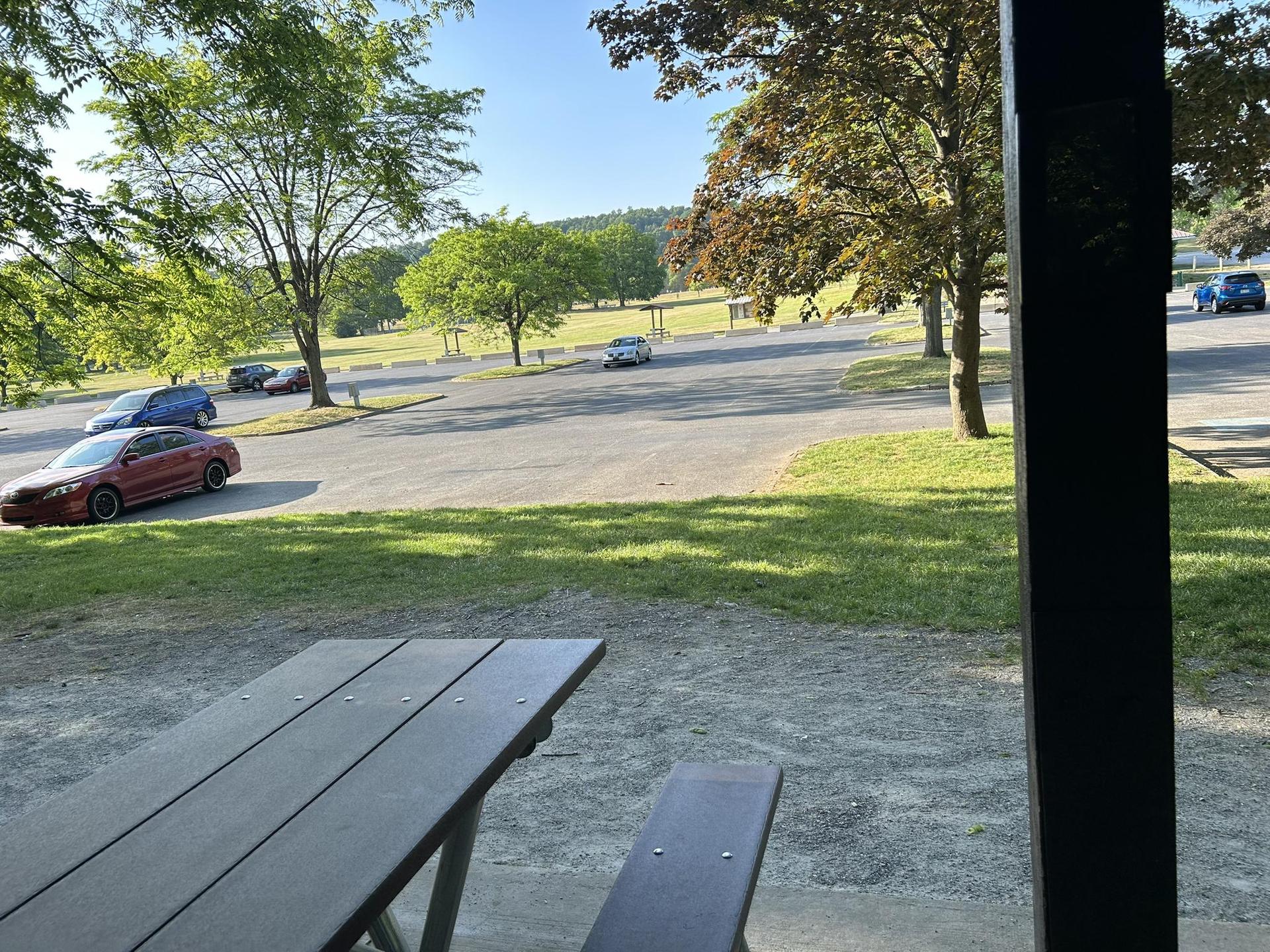 Picnic table in foreground, parking lot with cars, and green trees under bright sun.