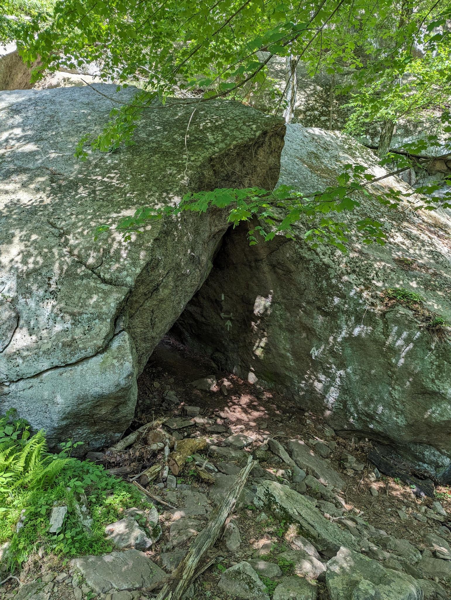 Large rock formation with a dark opening, surrounded by green foliage.