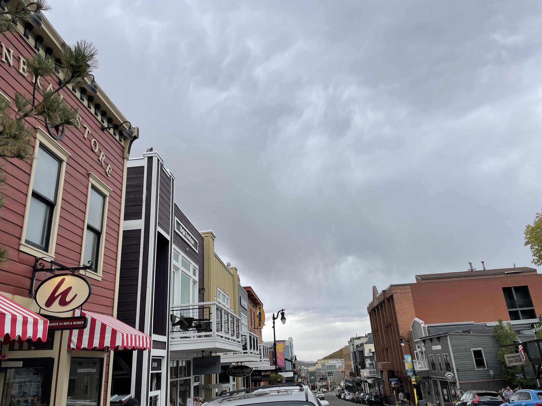 Overcast sky above a street lined with historic-looking buildings and parked cars.