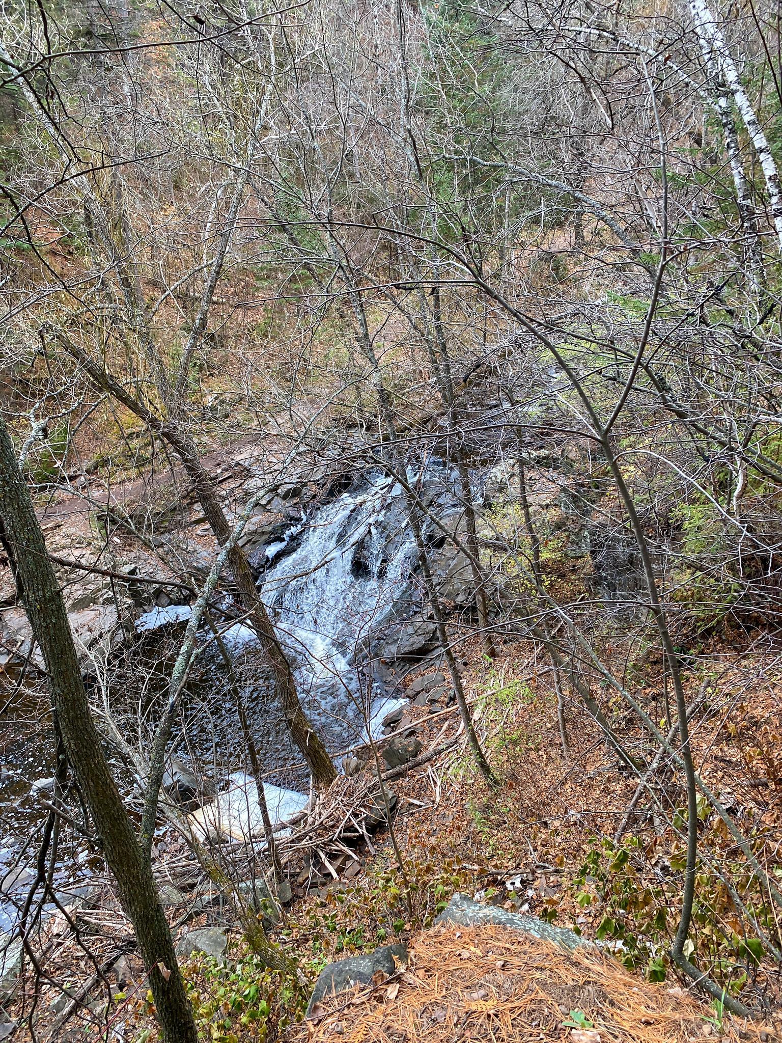 Overcast view looking down at a waterfall cascading through a rocky, autumn forest.