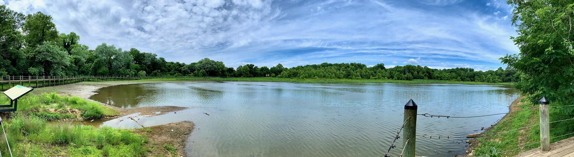 Panoramic view of a calm lake surrounded by green trees under a partly cloudy sky.