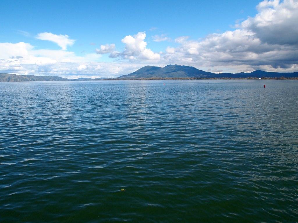Wide expanse of calm water under a blue sky with distant mountains.