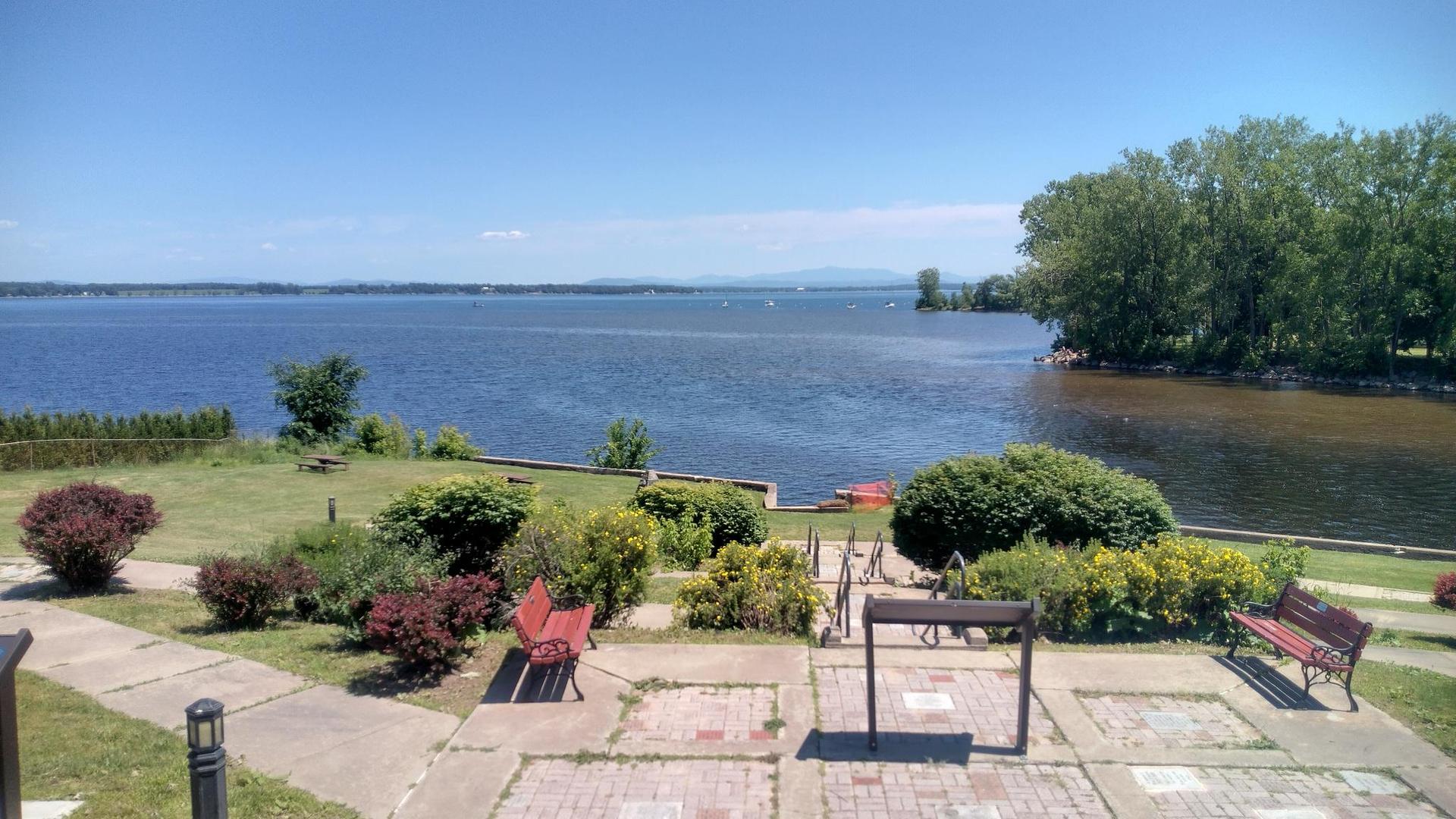 Sunny day overlooking a lake from a landscaped area with red benches.