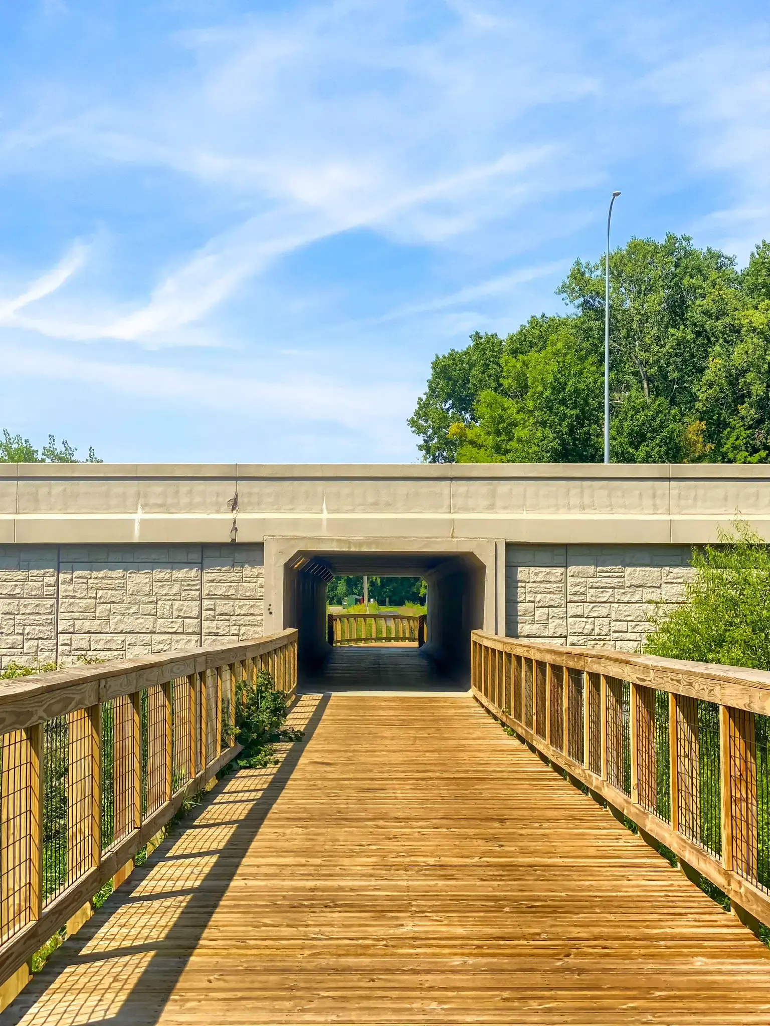Wooden boardwalk leading into a concrete tunnel under a road, green trees.
