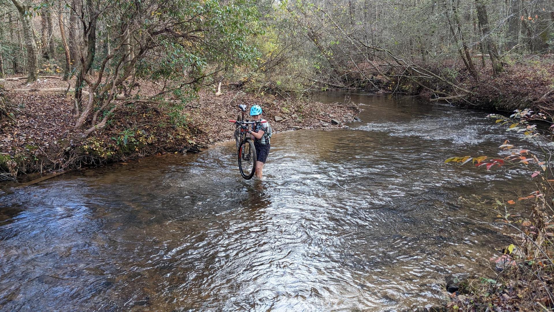 A person wades through a shallow river, carrying a bicycle.
