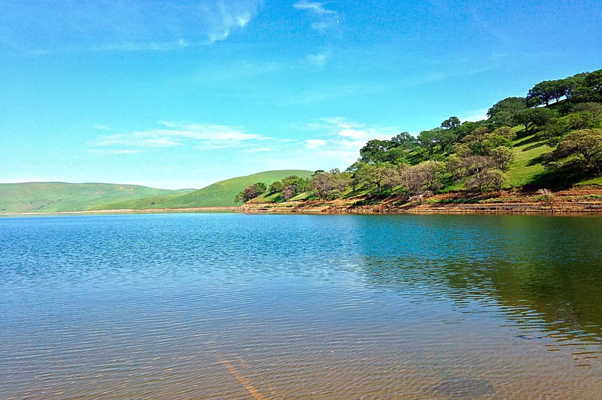 Bright daylight over a calm lake with green hills and trees along the shore.