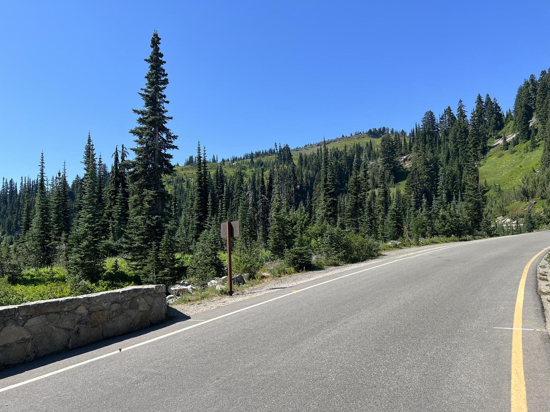 A paved road curves through a lush green mountain landscape with tall evergreen trees.