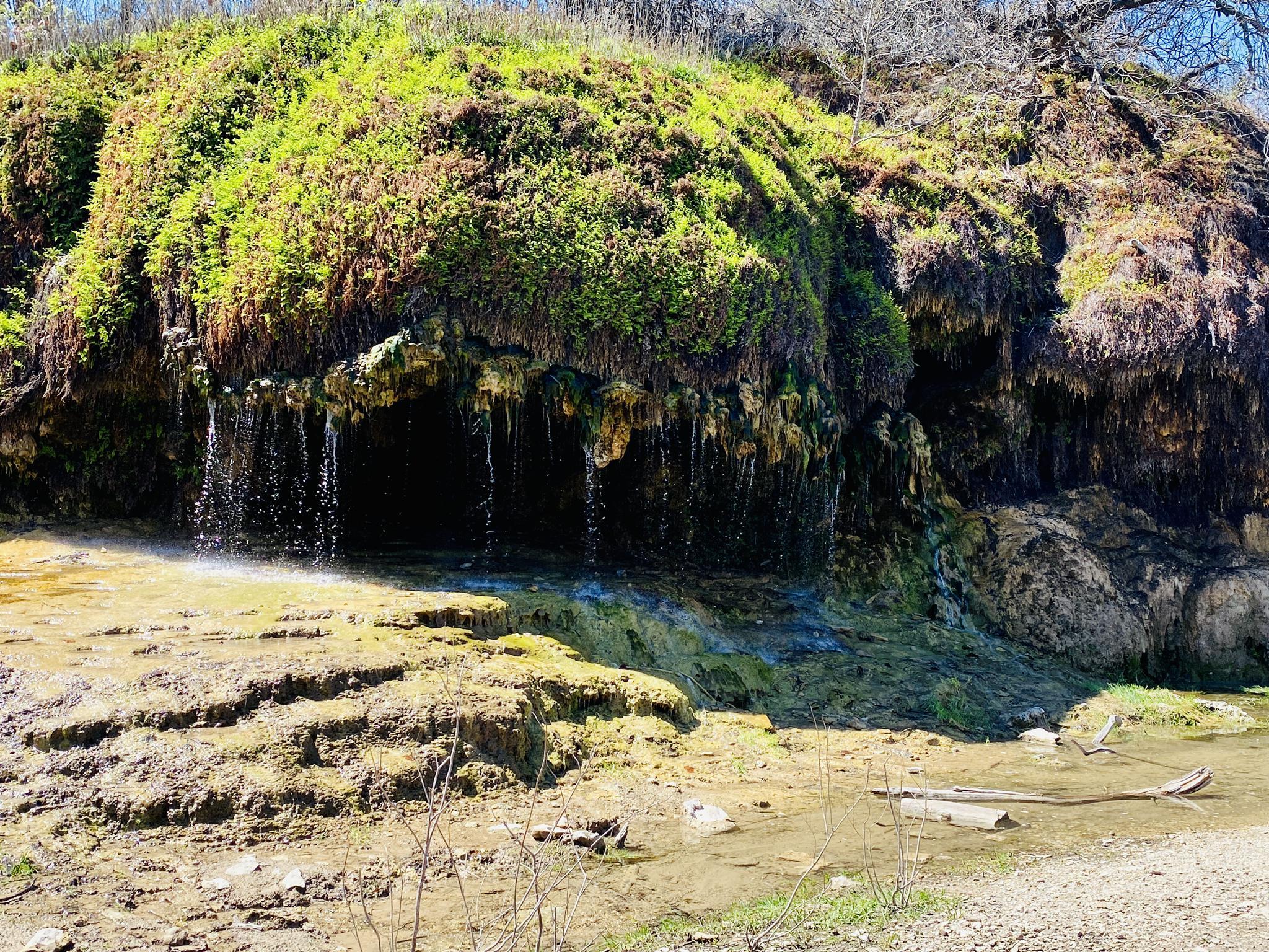 Mossy rock formation with small waterfalls cascading into a shallow stream.
