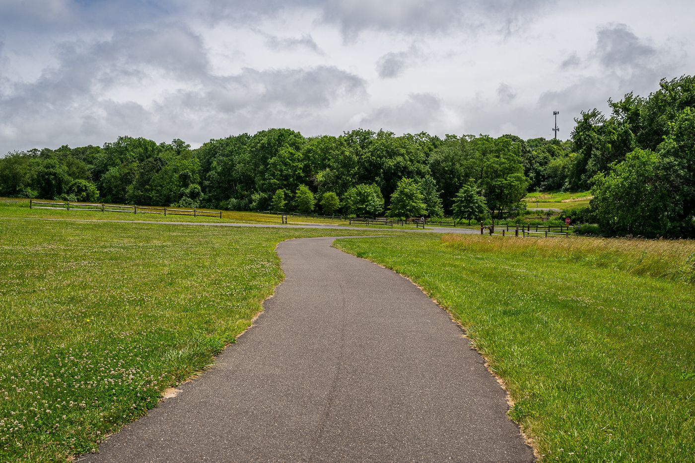 Paved path winding through a green field under a cloudy sky. - Henry Hudson Trail and Colts Neck Bike Loop