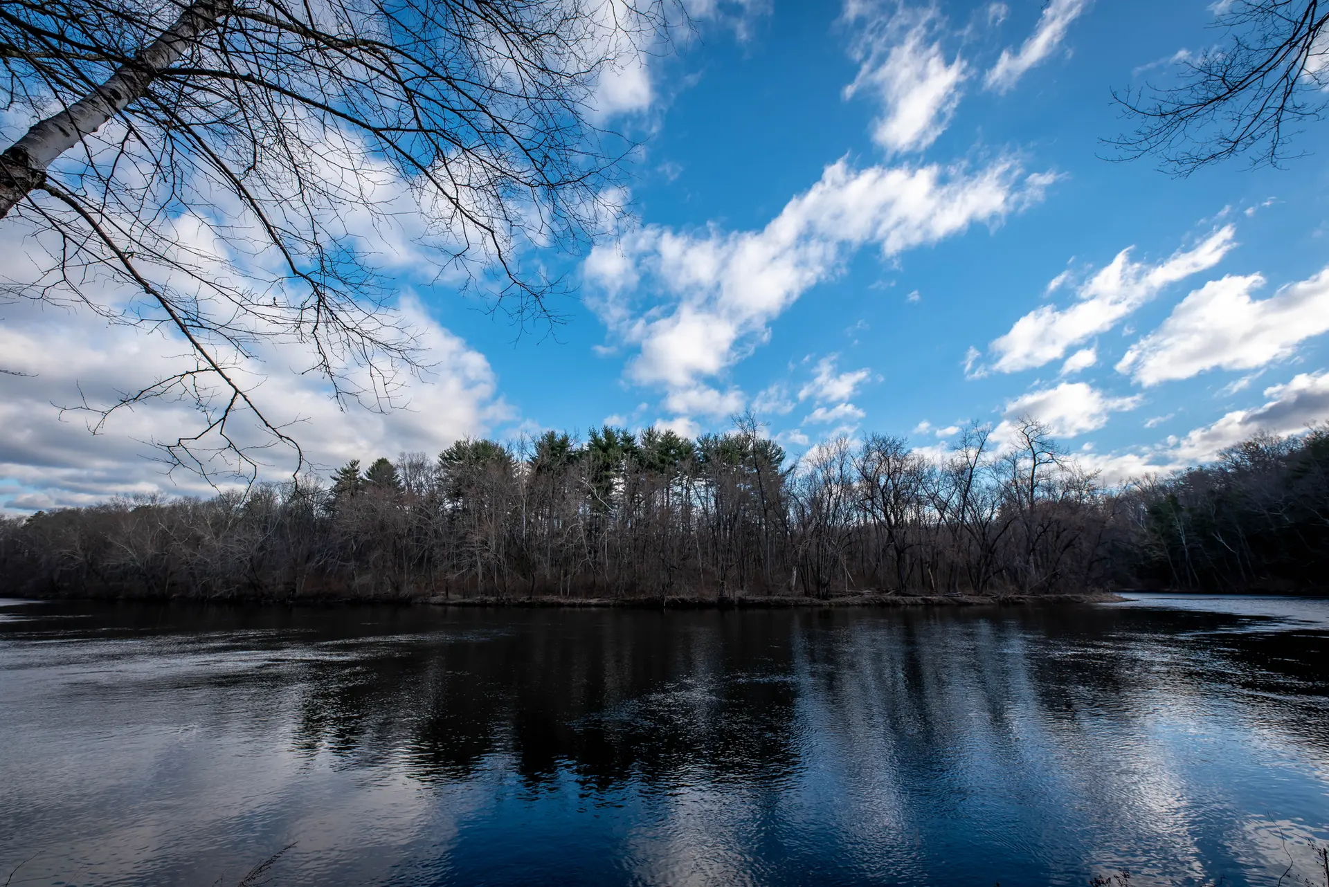 Wide river reflecting a bright blue sky with clouds, framed by bare trees.