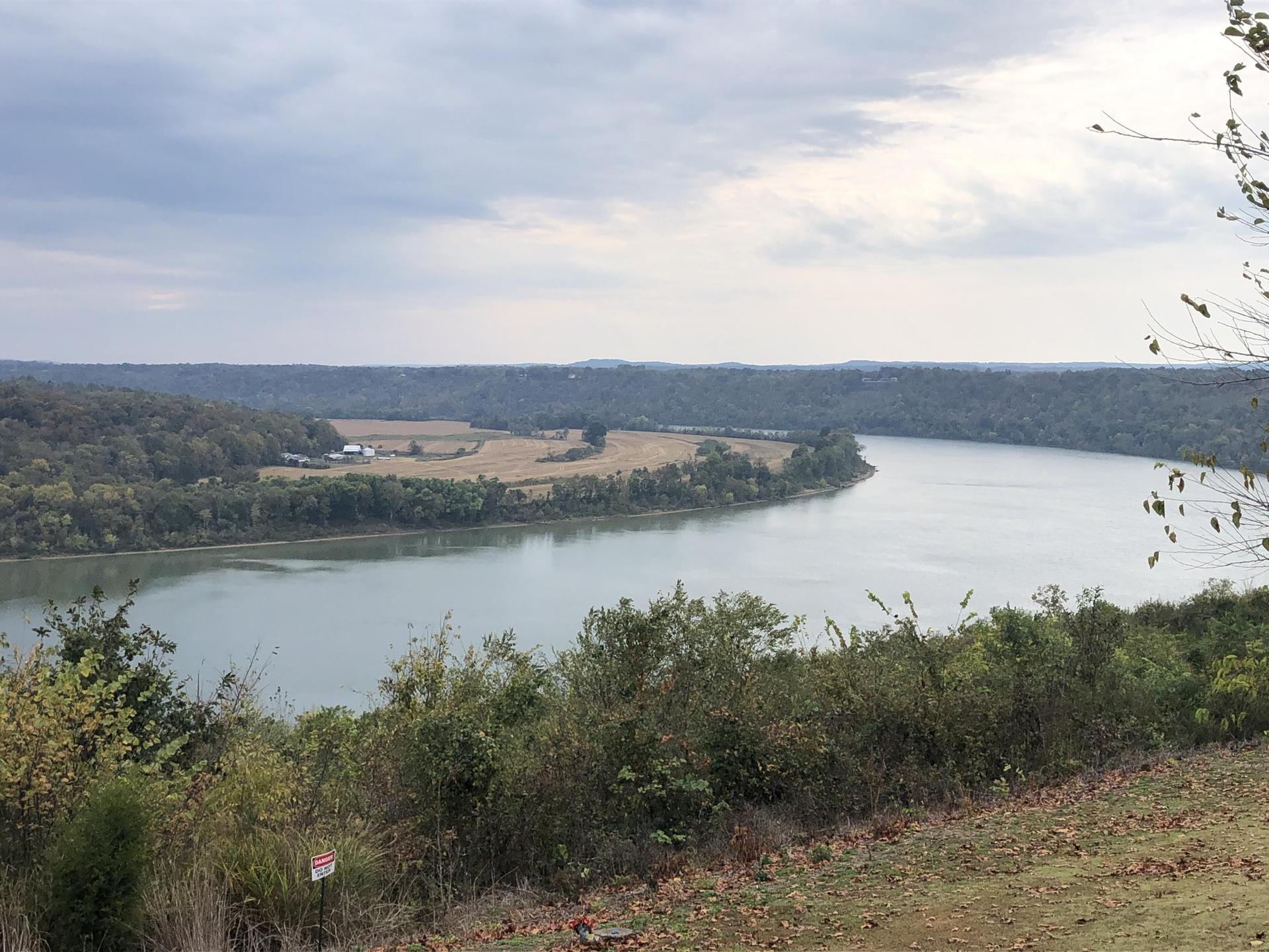A wide river winds through green forests and fields under an overcast sky.