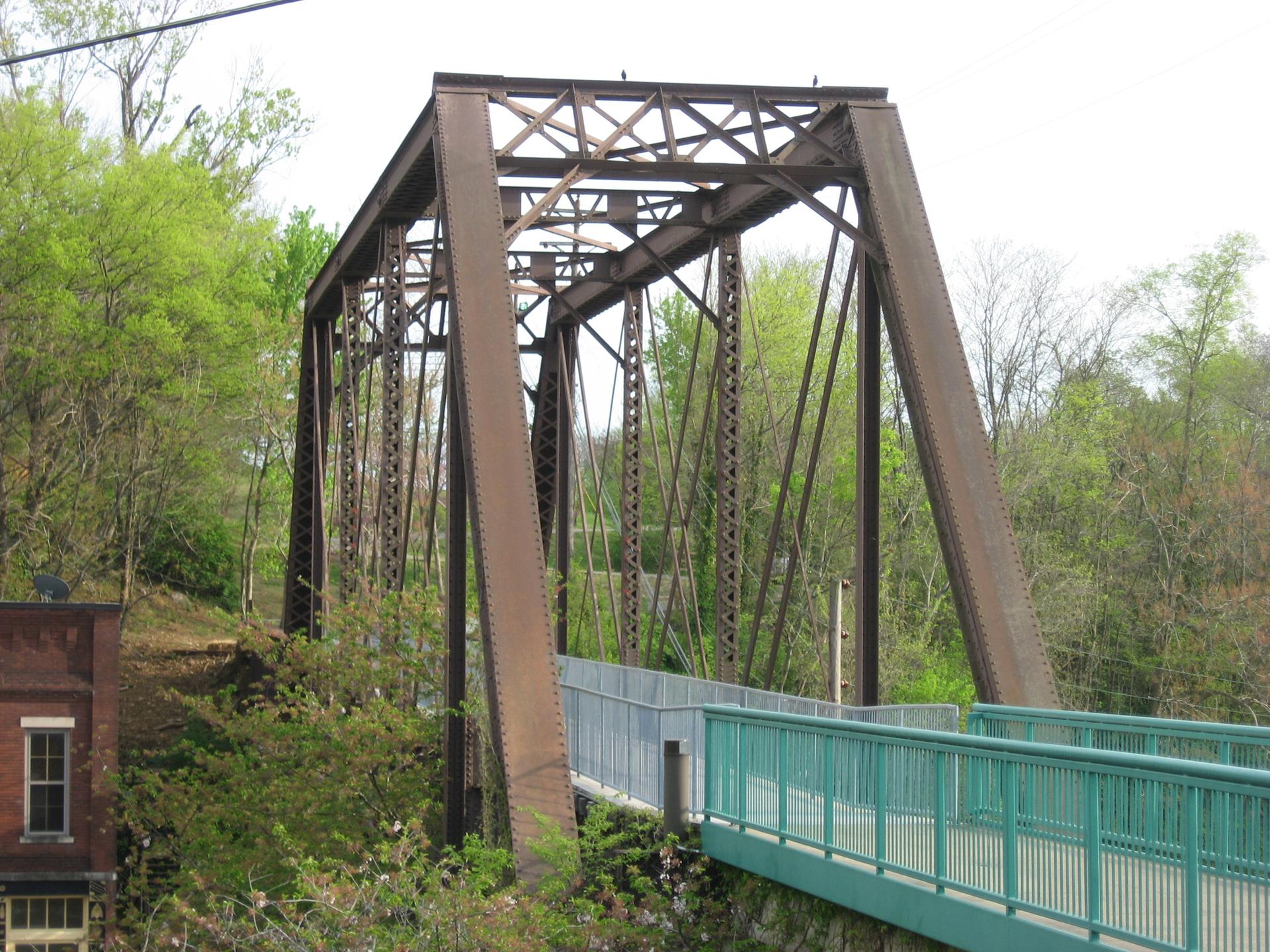 Brown metal truss bridge with green pedestrian path, surrounded by lush trees.