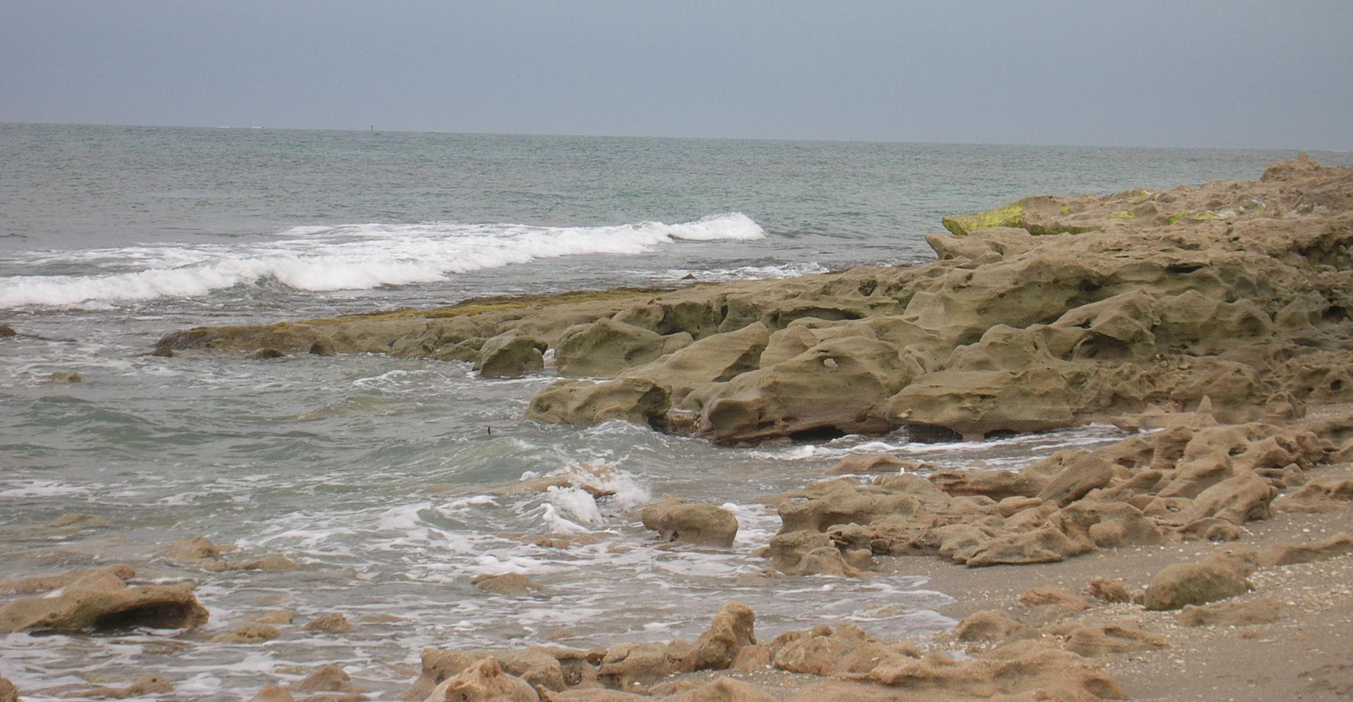 Waves crash against a rugged, rocky coastline under an overcast sky.