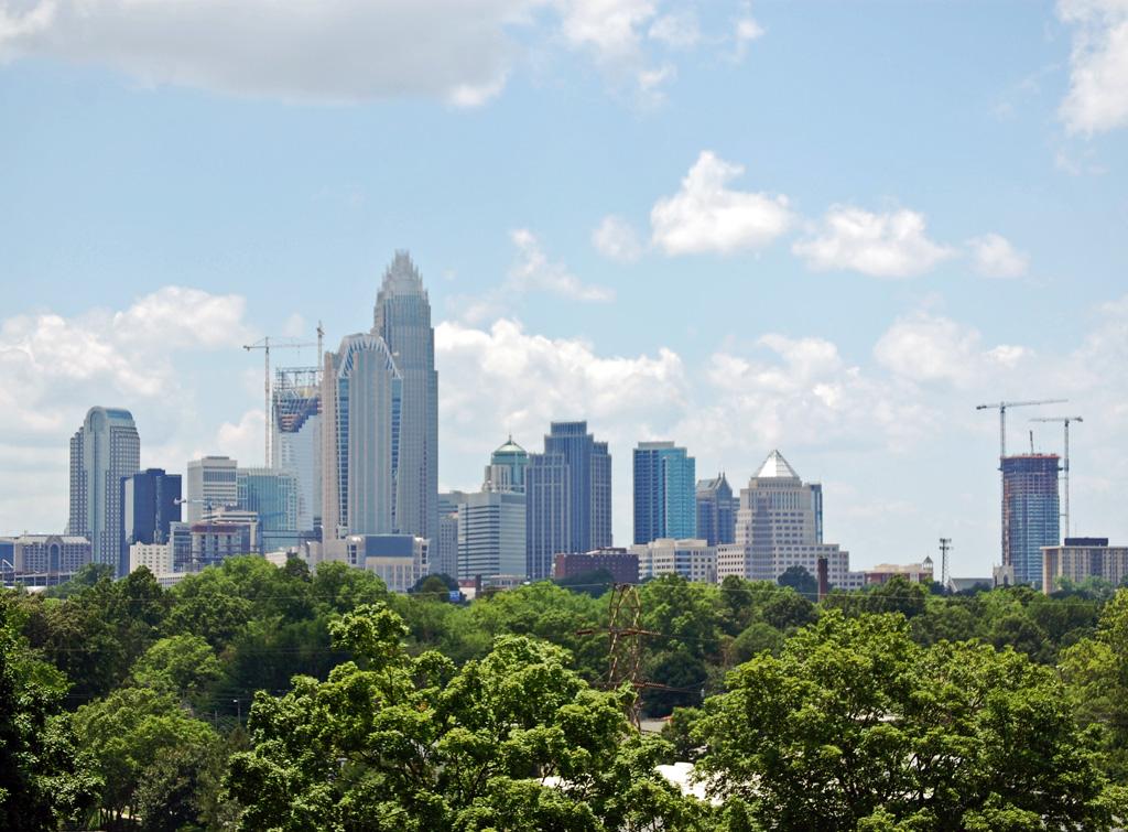 Sunny city skyline with tall buildings, construction cranes, and lush green trees.