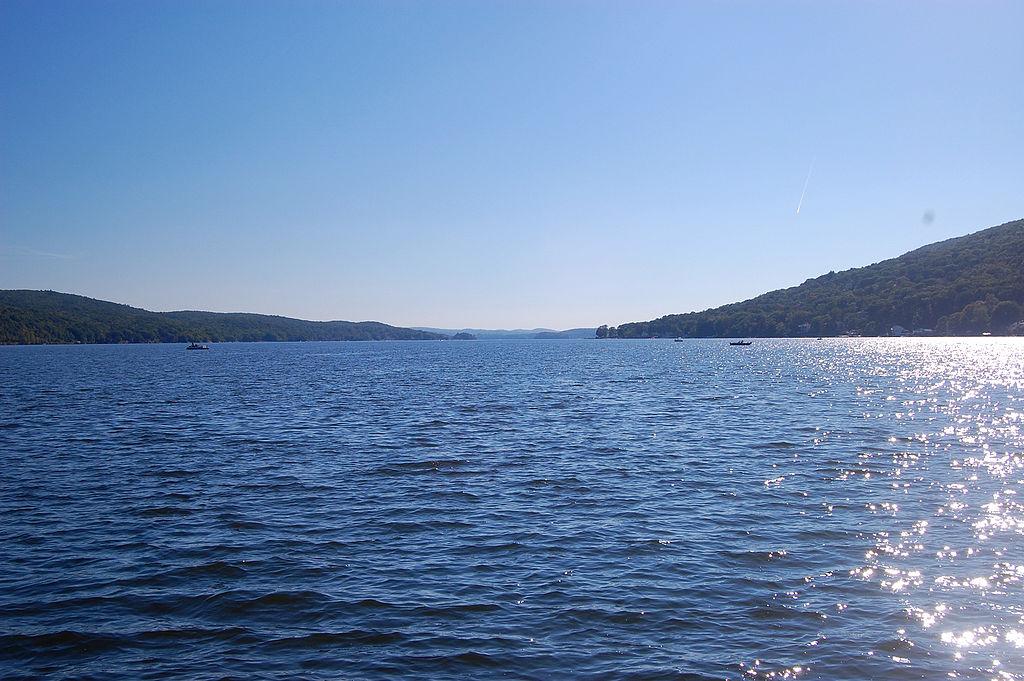 Wide lake with forested hills under a clear sky, sun glinting on water.
