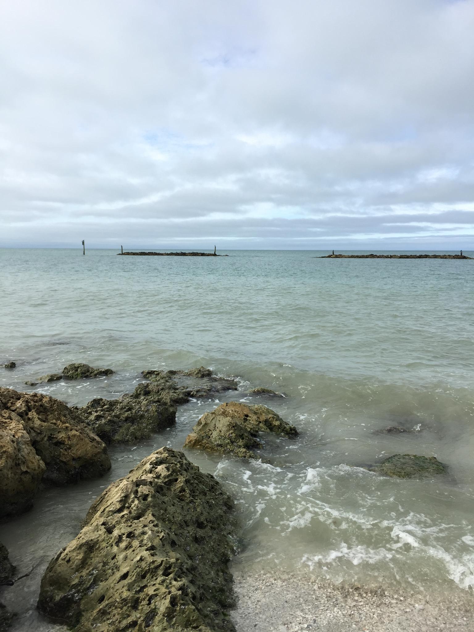 Rocky shoreline with ocean waves and distant breakwaters under a cloudy sky.
