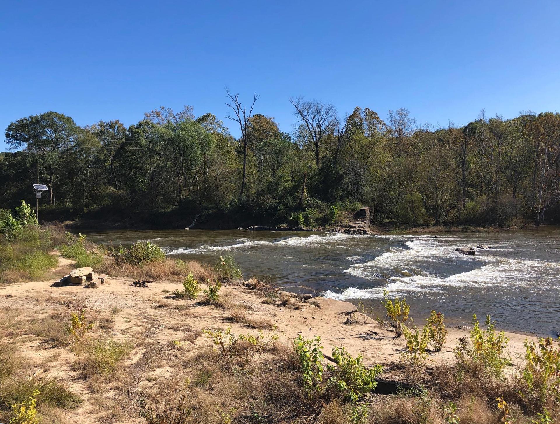 Wide river with rapids flowing past a sandy bank and dense green forest.