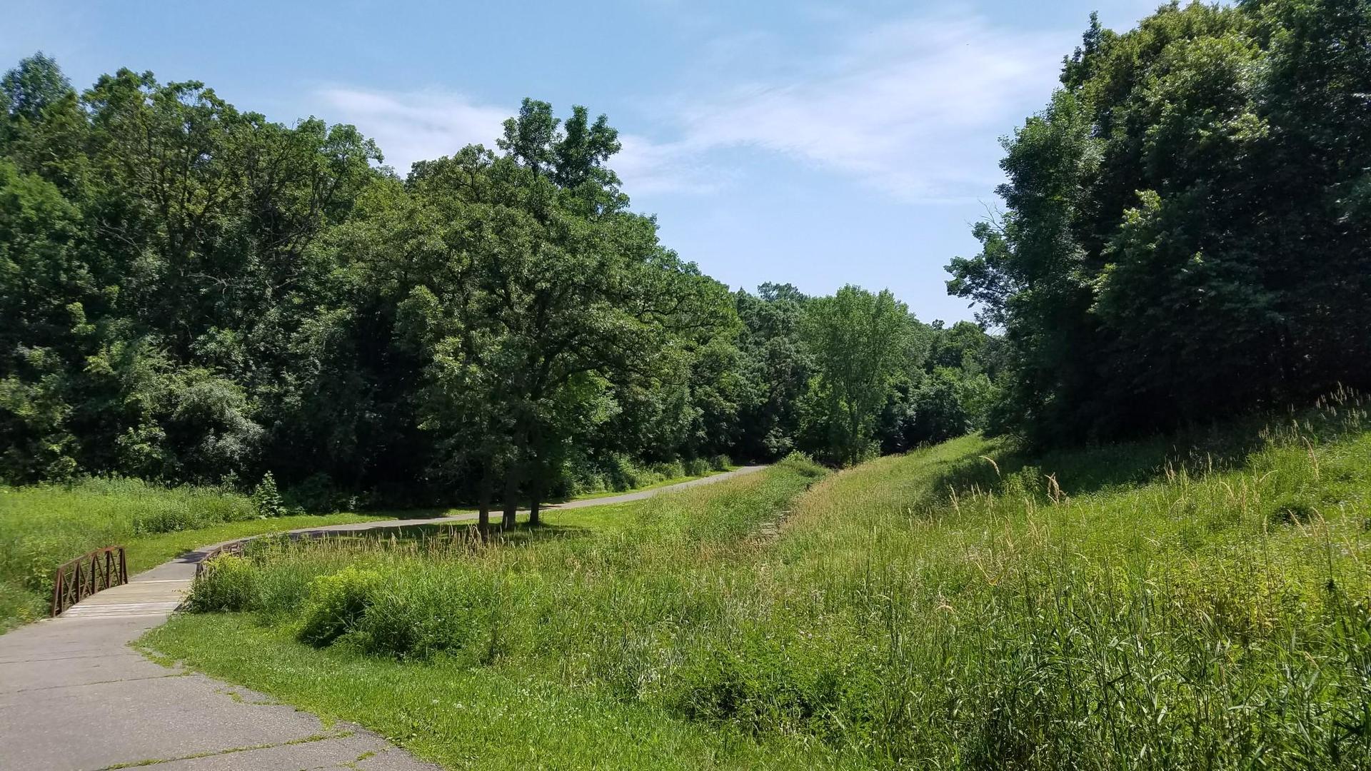 Paved path winding through a sunny, green, wooded valley.