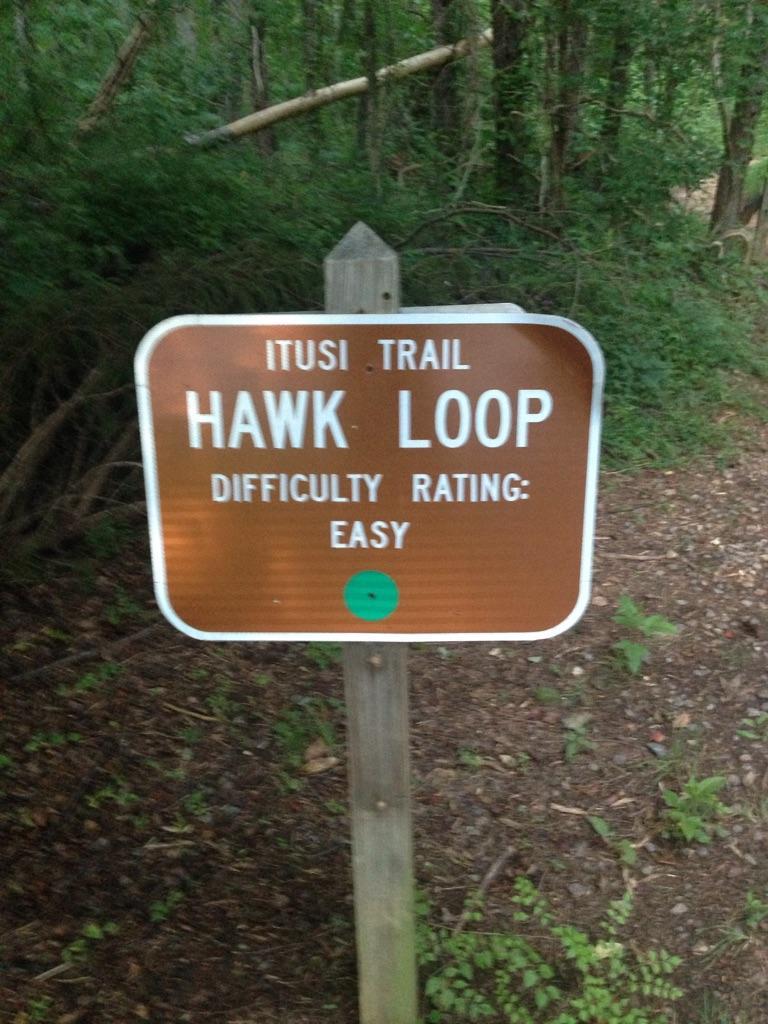 Brown trail sign in a forest, indicating an easy loop difficulty.
