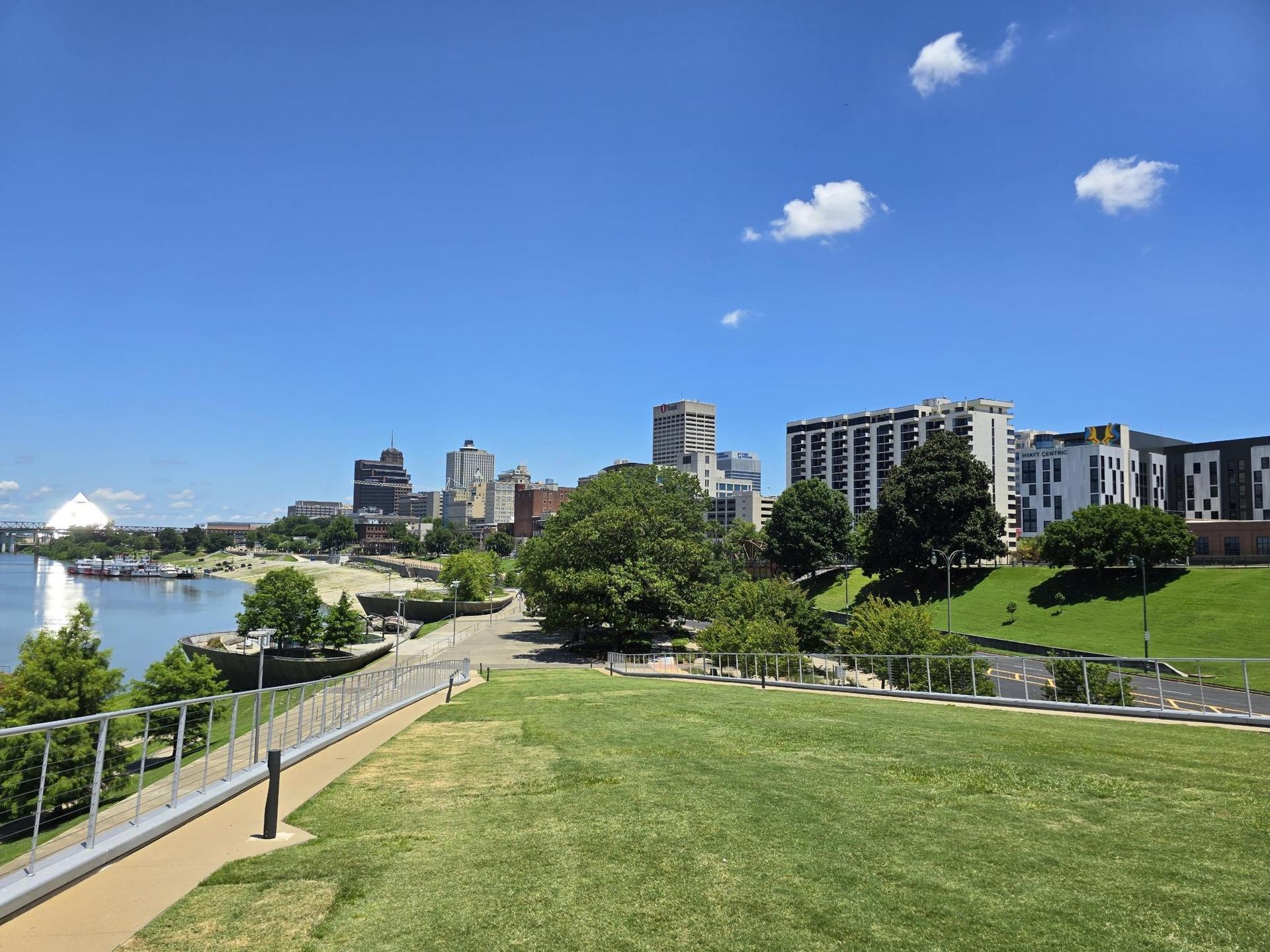 City skyline by a river, with a green park and bright sunny day.