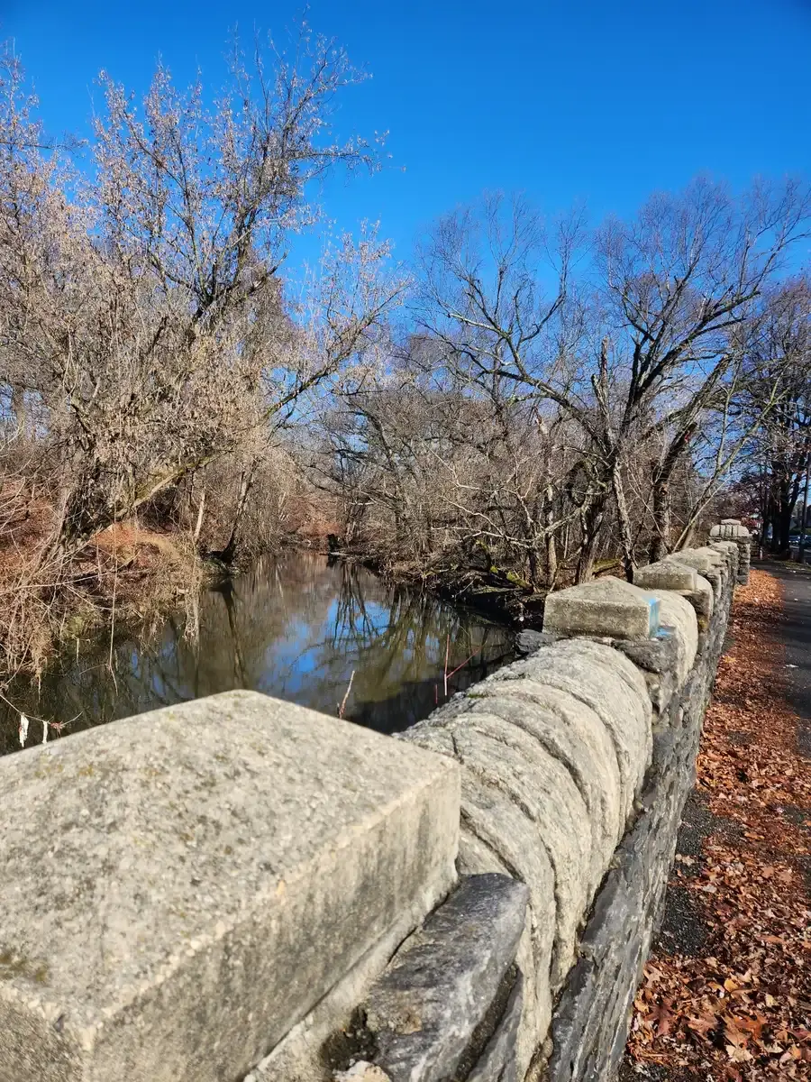 A stone wall next to a river with bare trees under a bright blue sky.