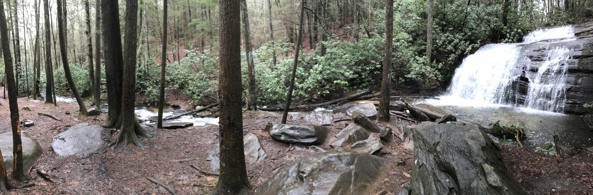 Panoramic view of a multi-tiered waterfall and stream in a dense forest.