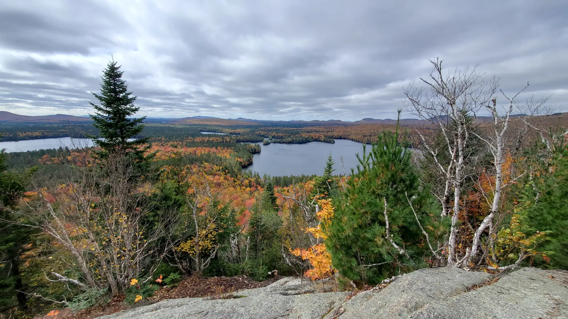Panoramic view of lakes surrounded by colorful autumn forest under an overcast sky.