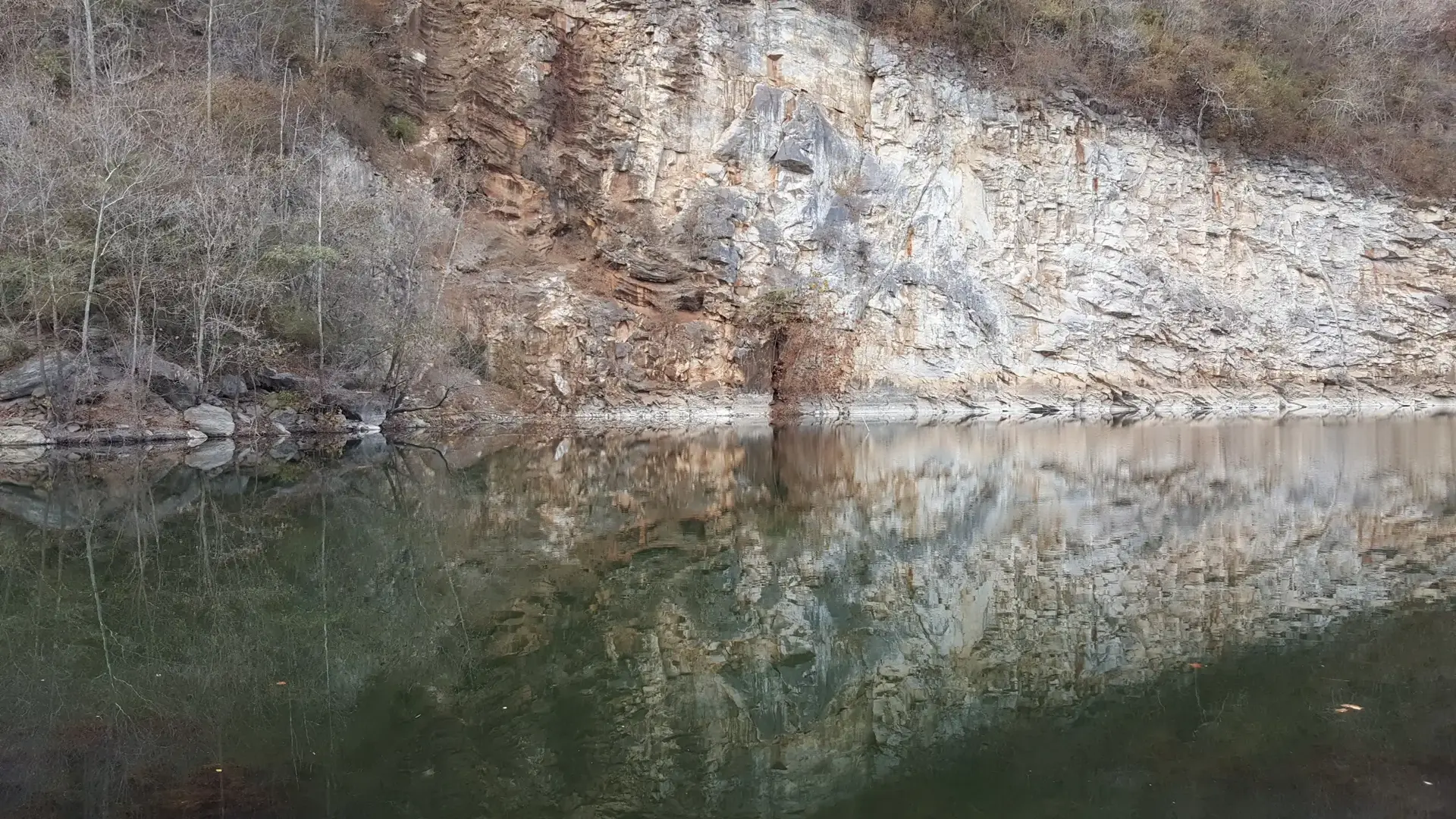Calm water reflecting a tall rocky cliff and bare winter trees.
