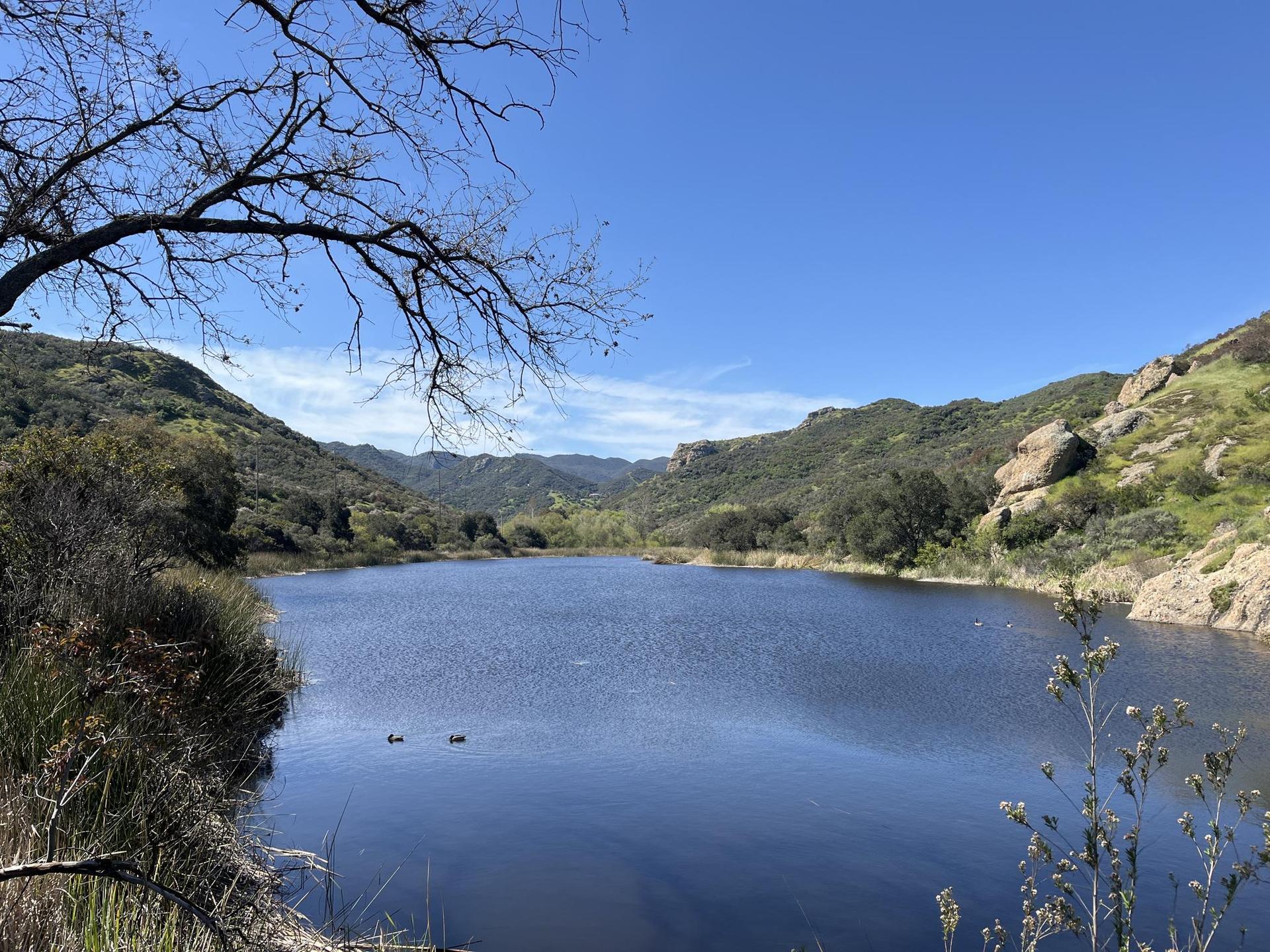 Calm lake surrounded by green hills under a clear blue sky.