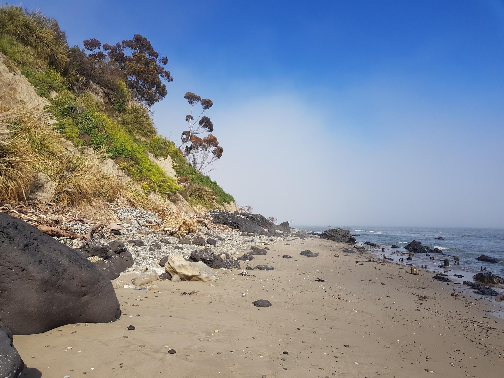 Hazy beach scene with rocky shore, vegetated cliff, and distant people. - More Mesa Trail