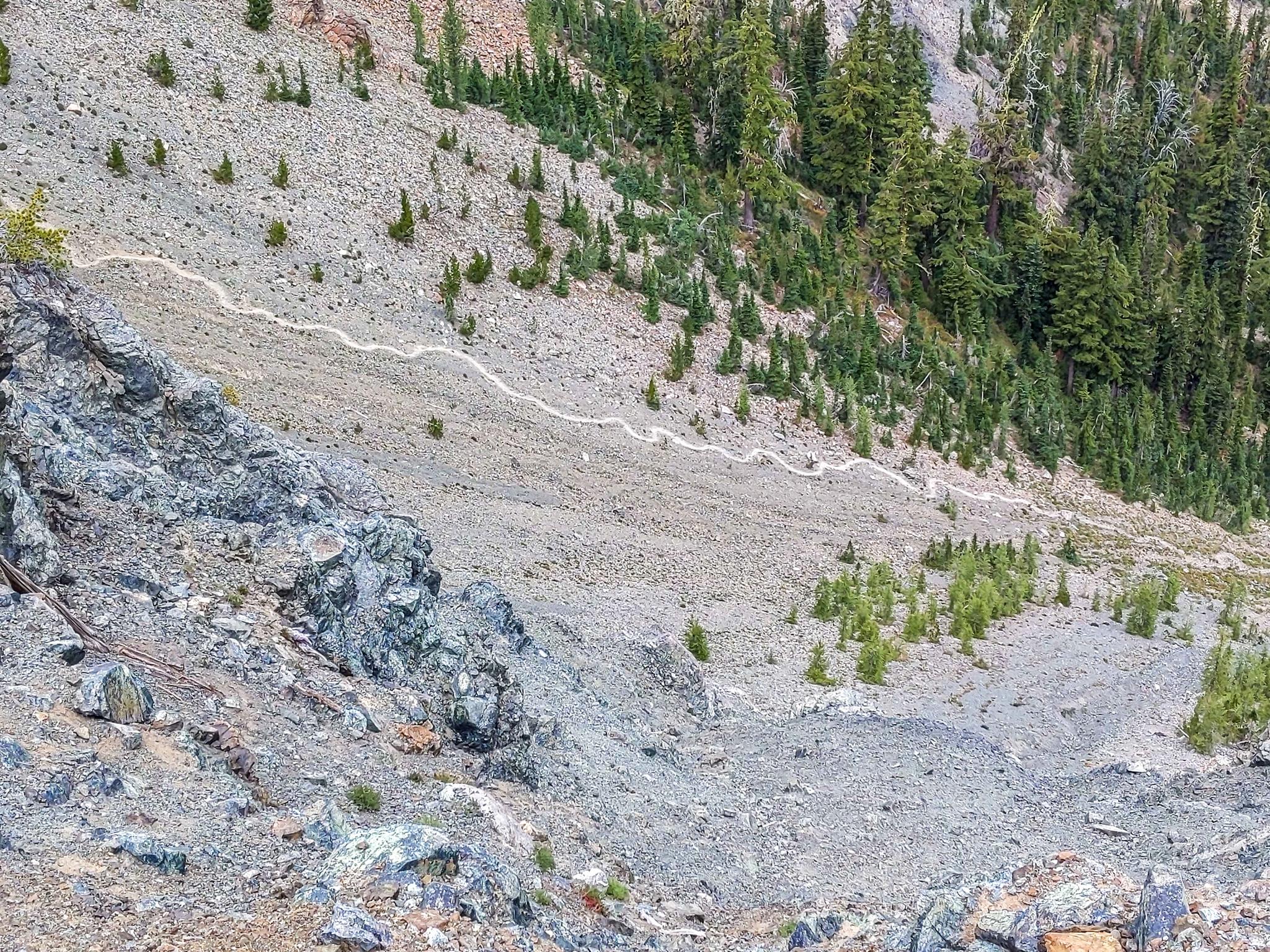 Steep, rocky mountainside with sparse evergreen trees and a winding path under diffused light.