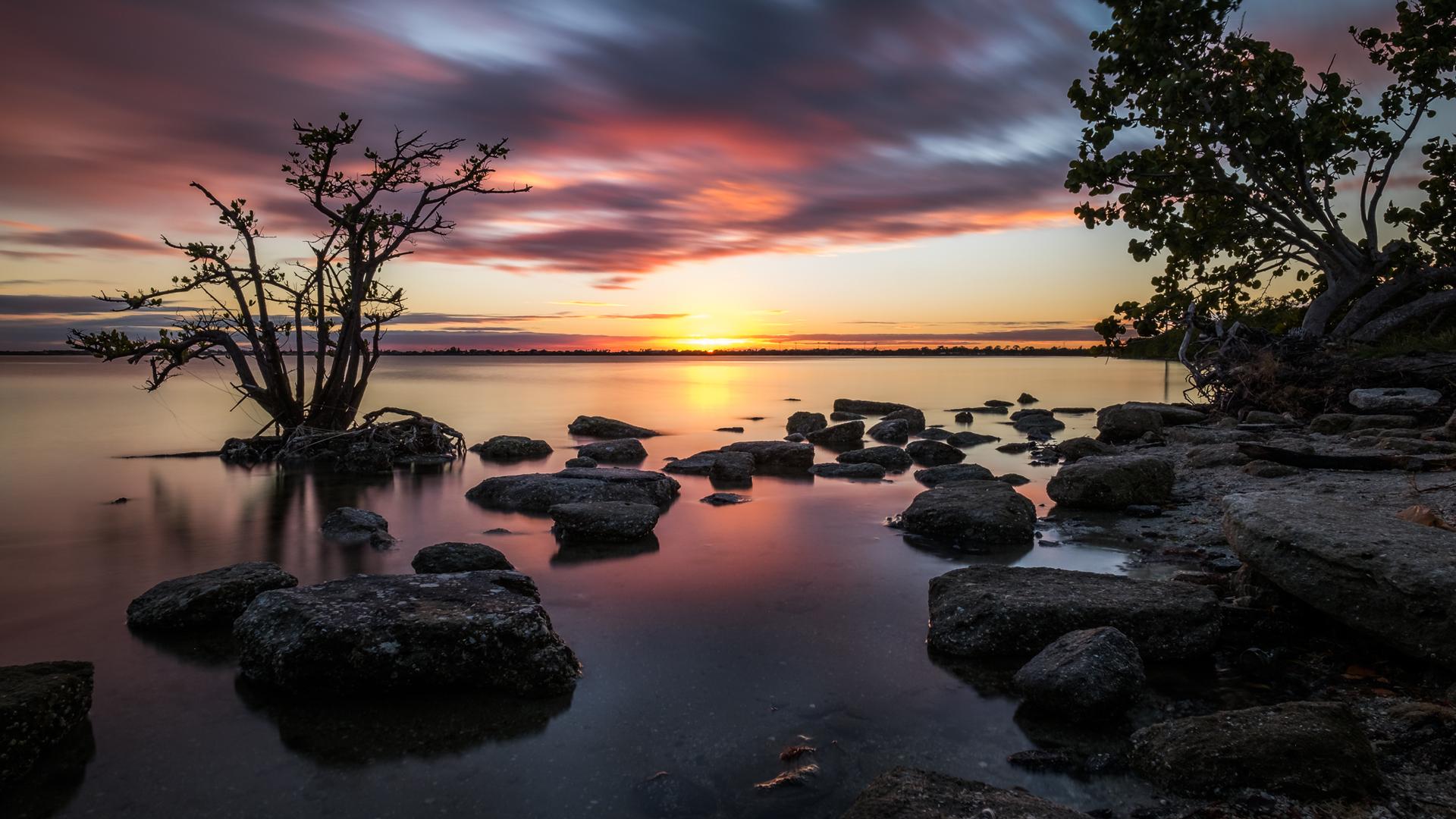 Vibrant sunset over calm water with silhouetted trees and scattered rocks.