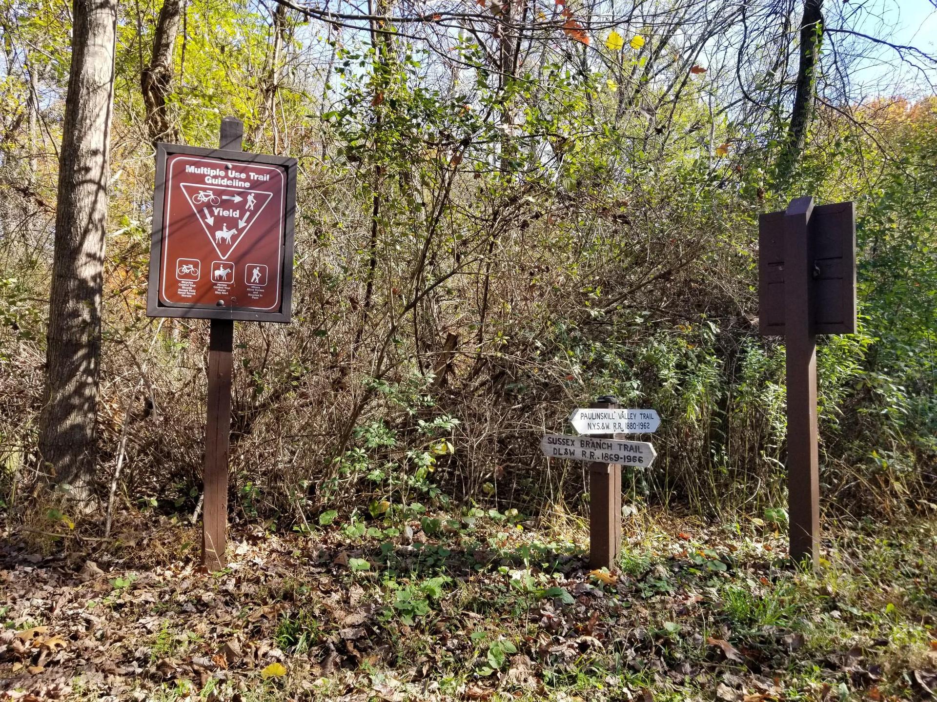 Two trail signs stand at a path junction in a sunlit forest.