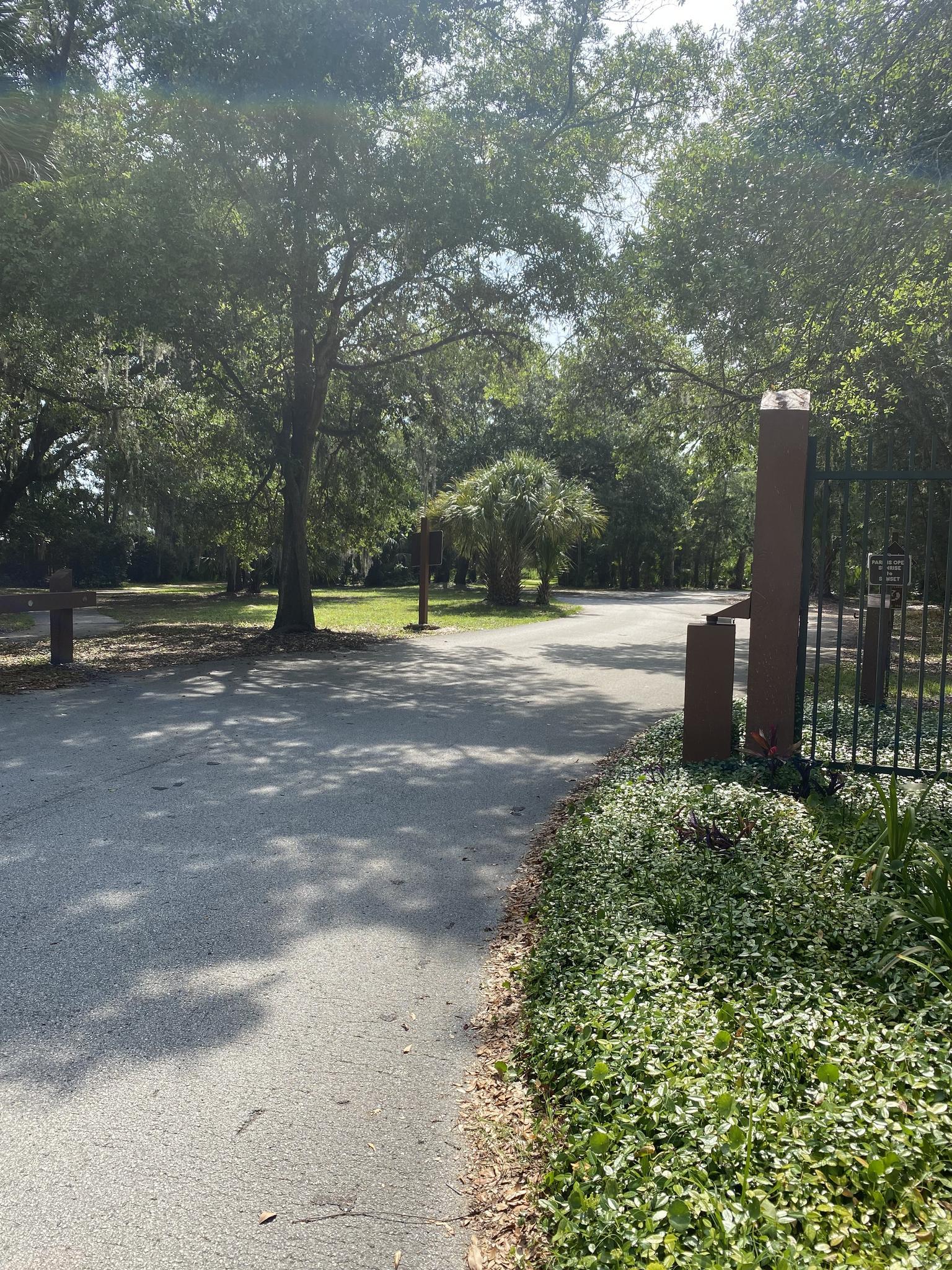 A paved road leads into a shaded, tree-lined area with a dark metal gate.